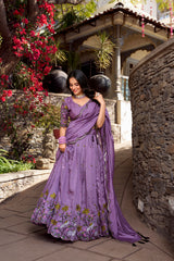 Lavender Color Vichitra Silk Thread Embroidered Lehenga Choli