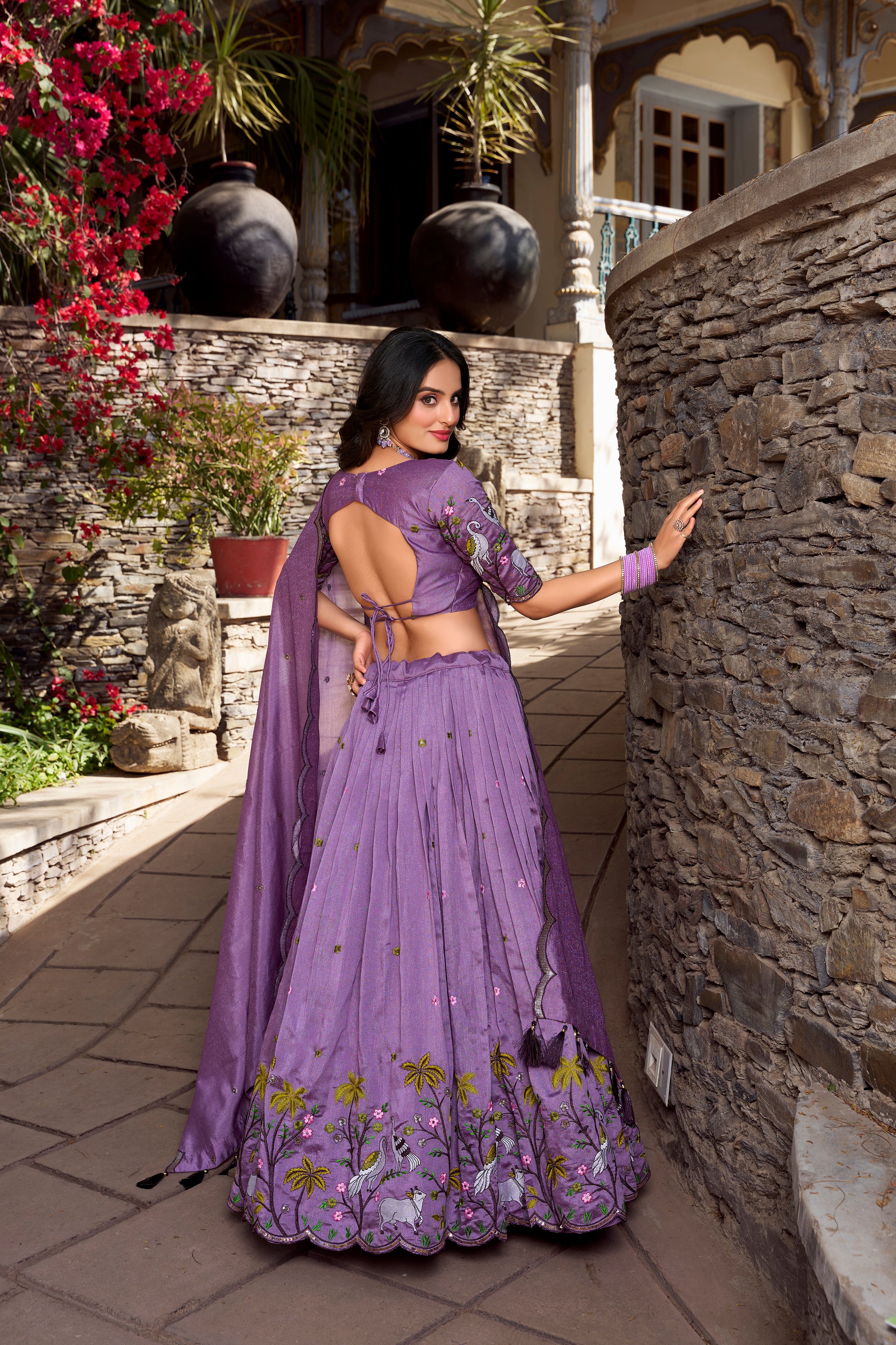 Lavender Color Vichitra Silk Thread Embroidered Lehenga Choli