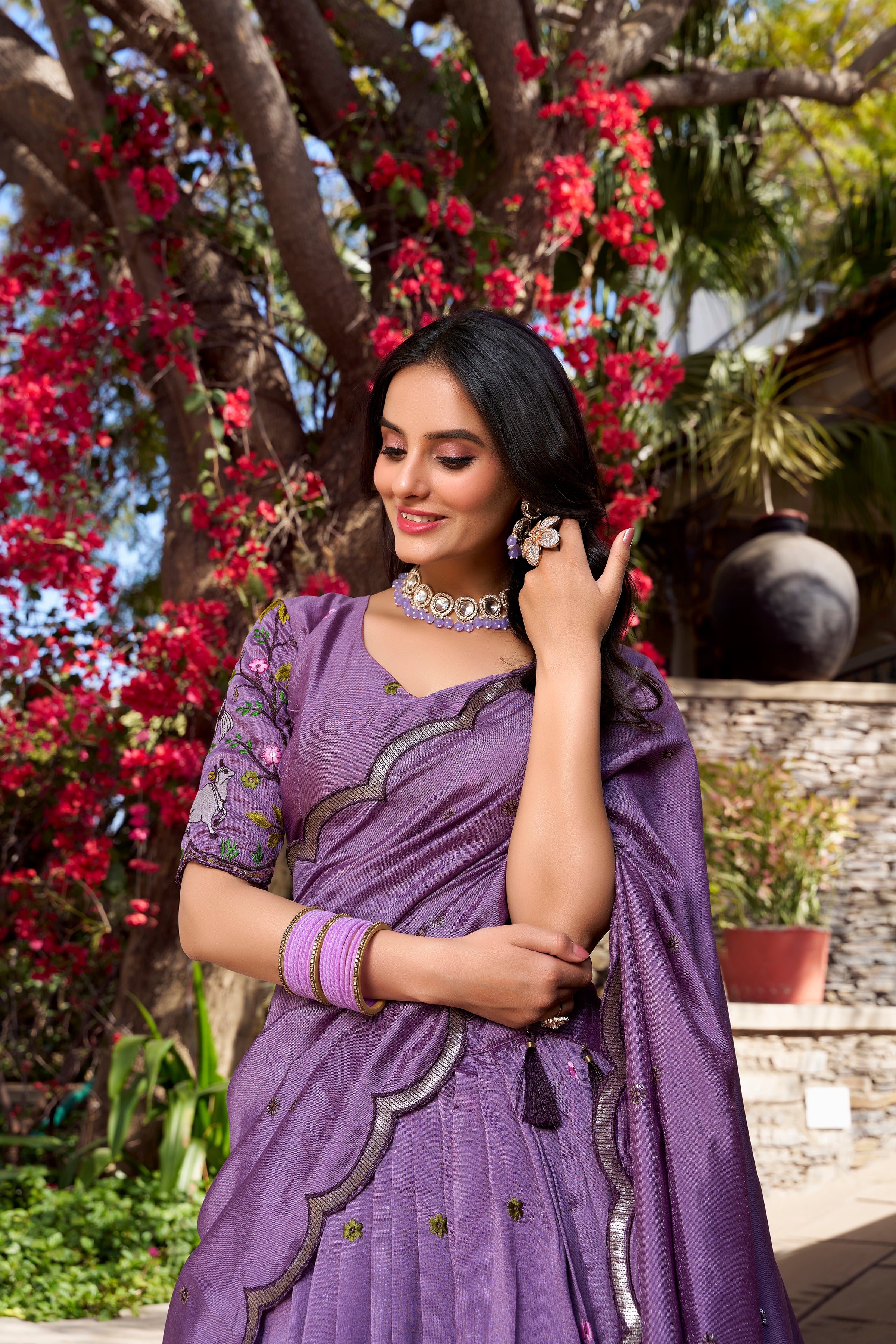 Lavender Color Vichitra Silk Thread Embroidered Lehenga Choli