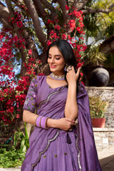 Lavender Color Vichitra Silk Thread Embroidered Lehenga Choli