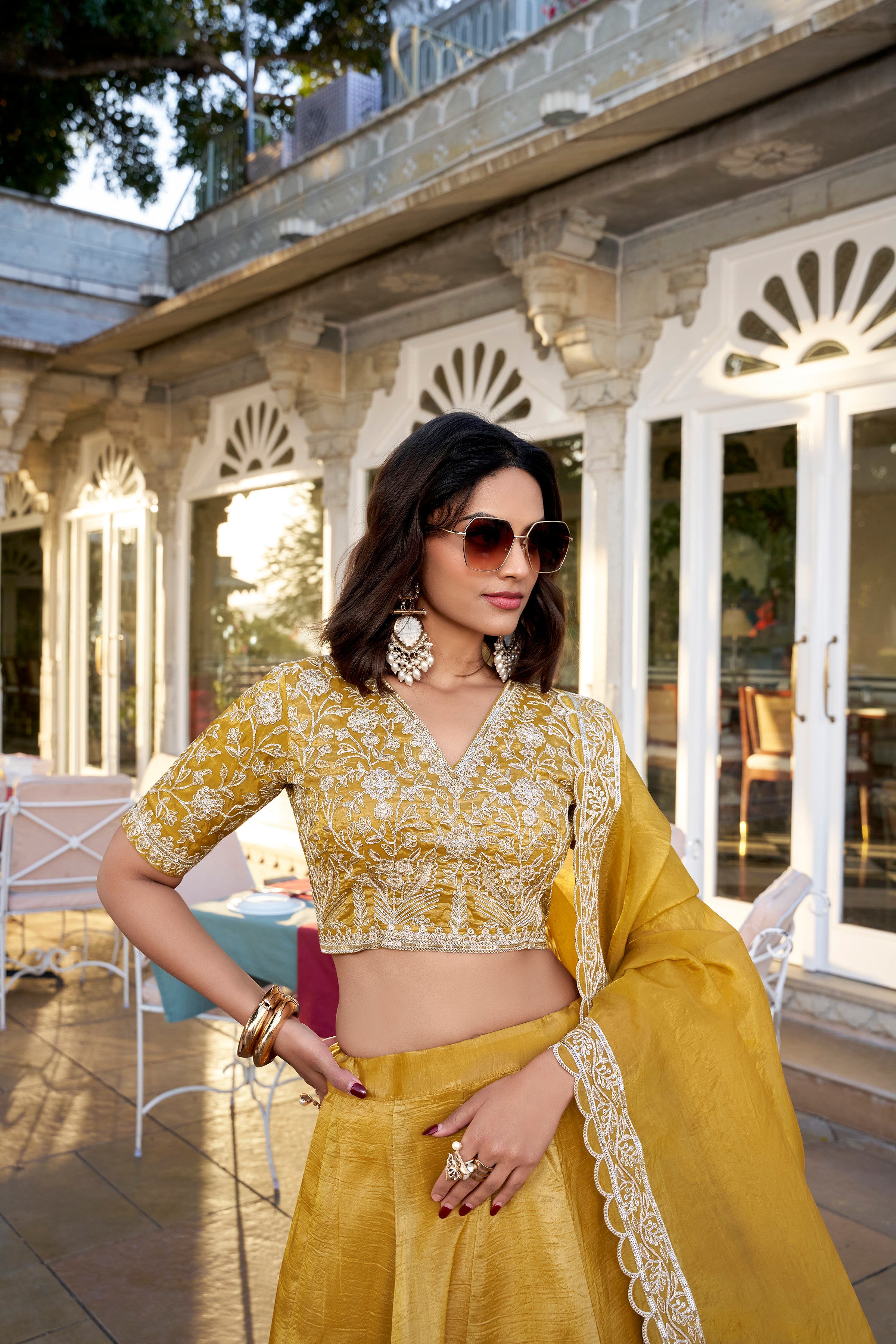 Mustard Color Plain Goldie Haldi Rasam Lehenga Choli