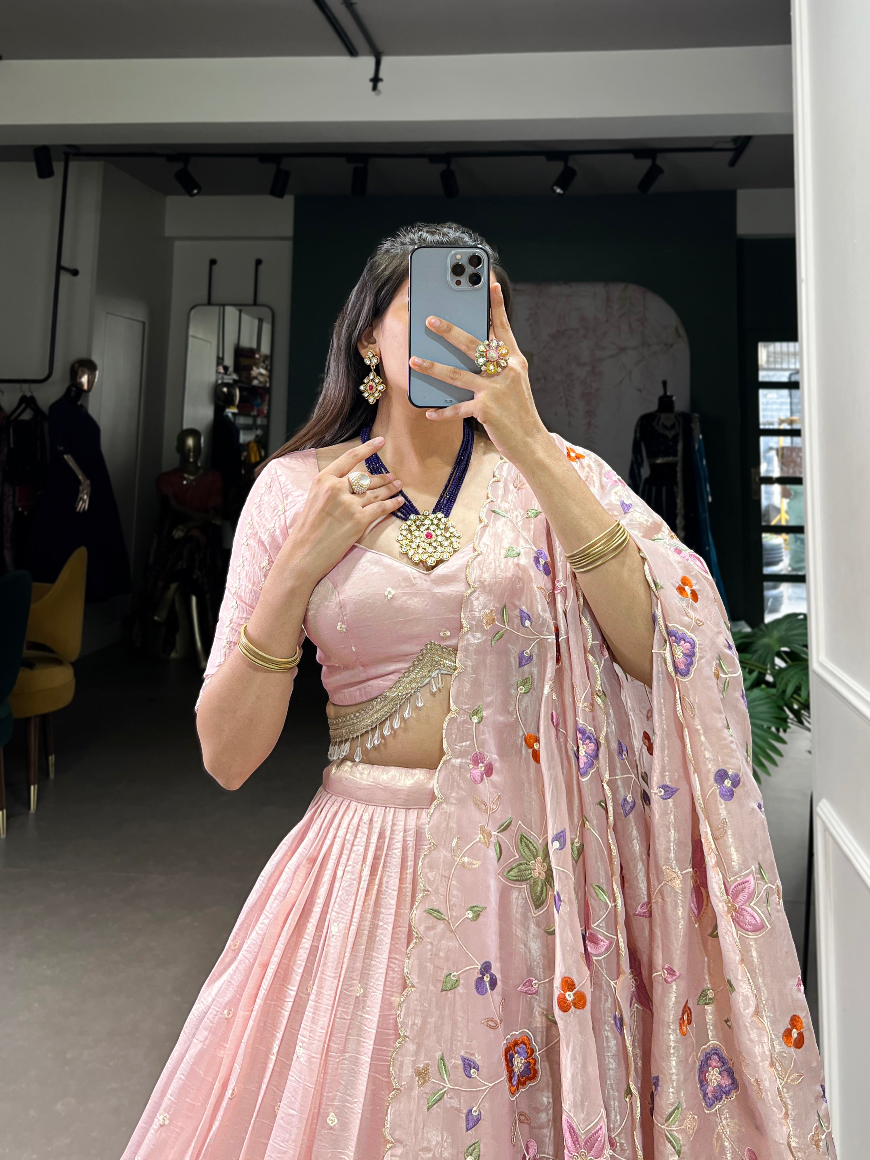 Light Pink Thread Embroidered Gold Crush Lehenga Set For Wedding