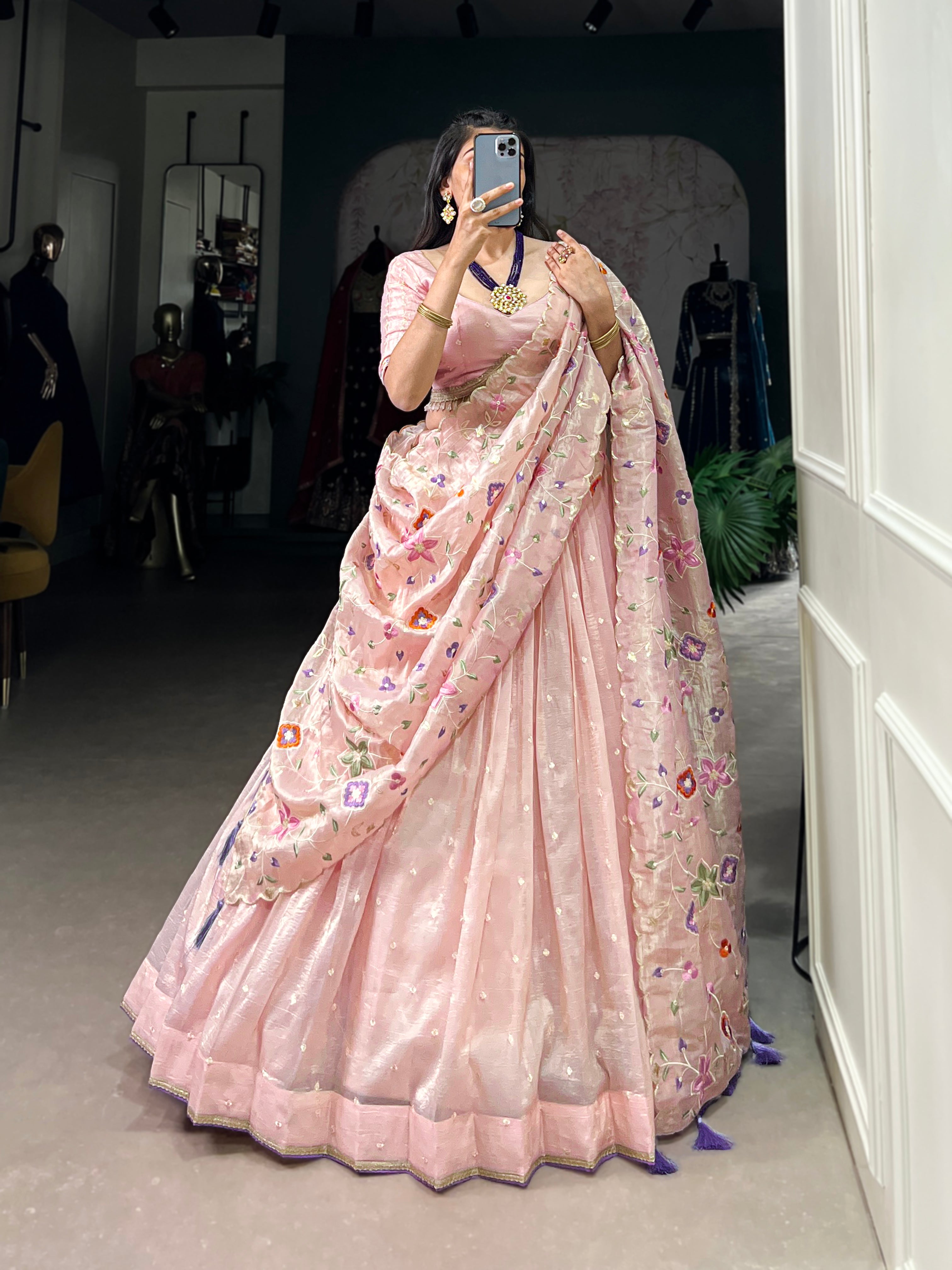 Light Pink Thread Embroidered Gold Crush Lehenga Set For Wedding