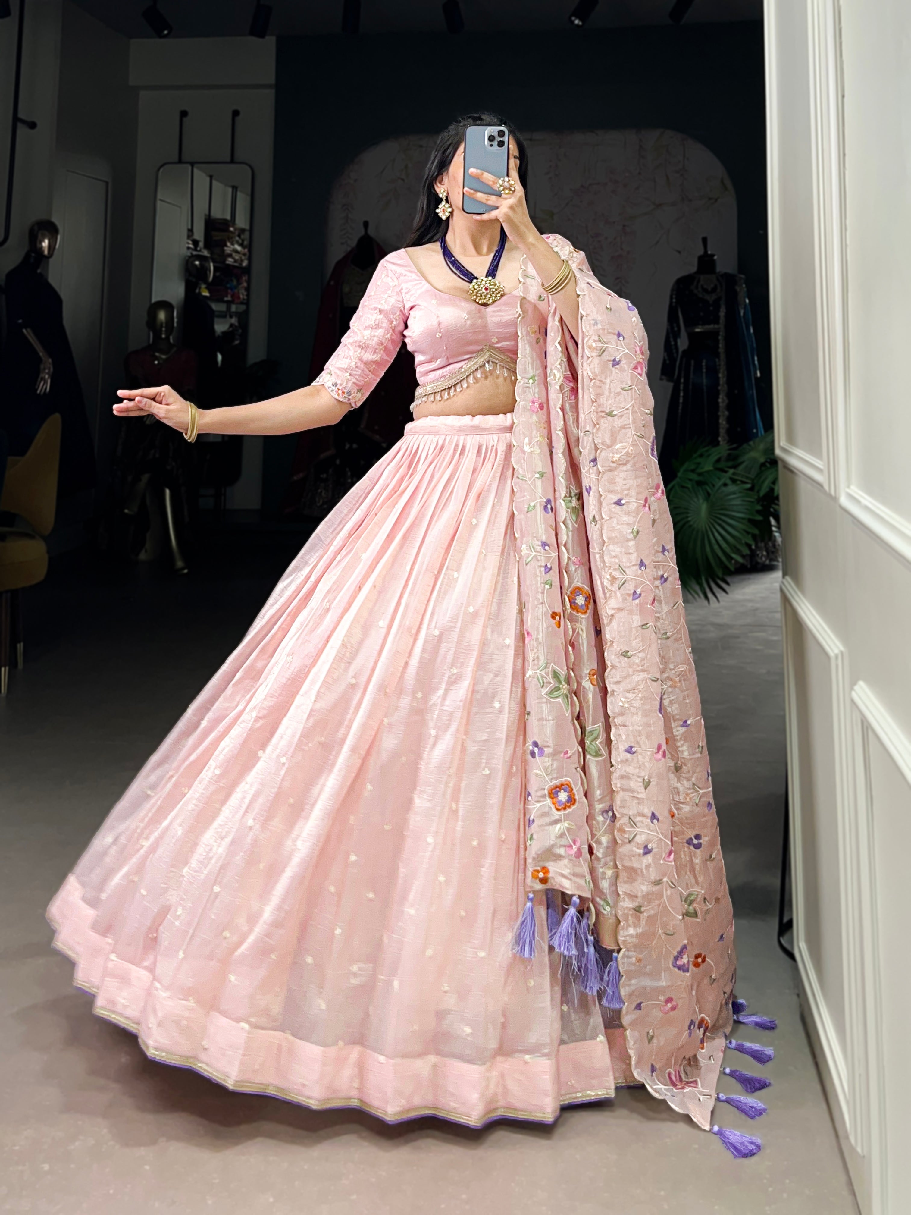 Light Pink Thread Embroidered Gold Crush Lehenga Set For Wedding