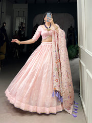 Light Pink Thread Embroidered Gold Crush Lehenga Set For Wedding