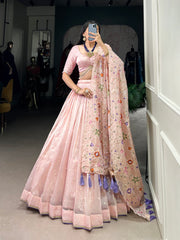 Light Pink Thread Embroidered Gold Crush Lehenga Set For Wedding