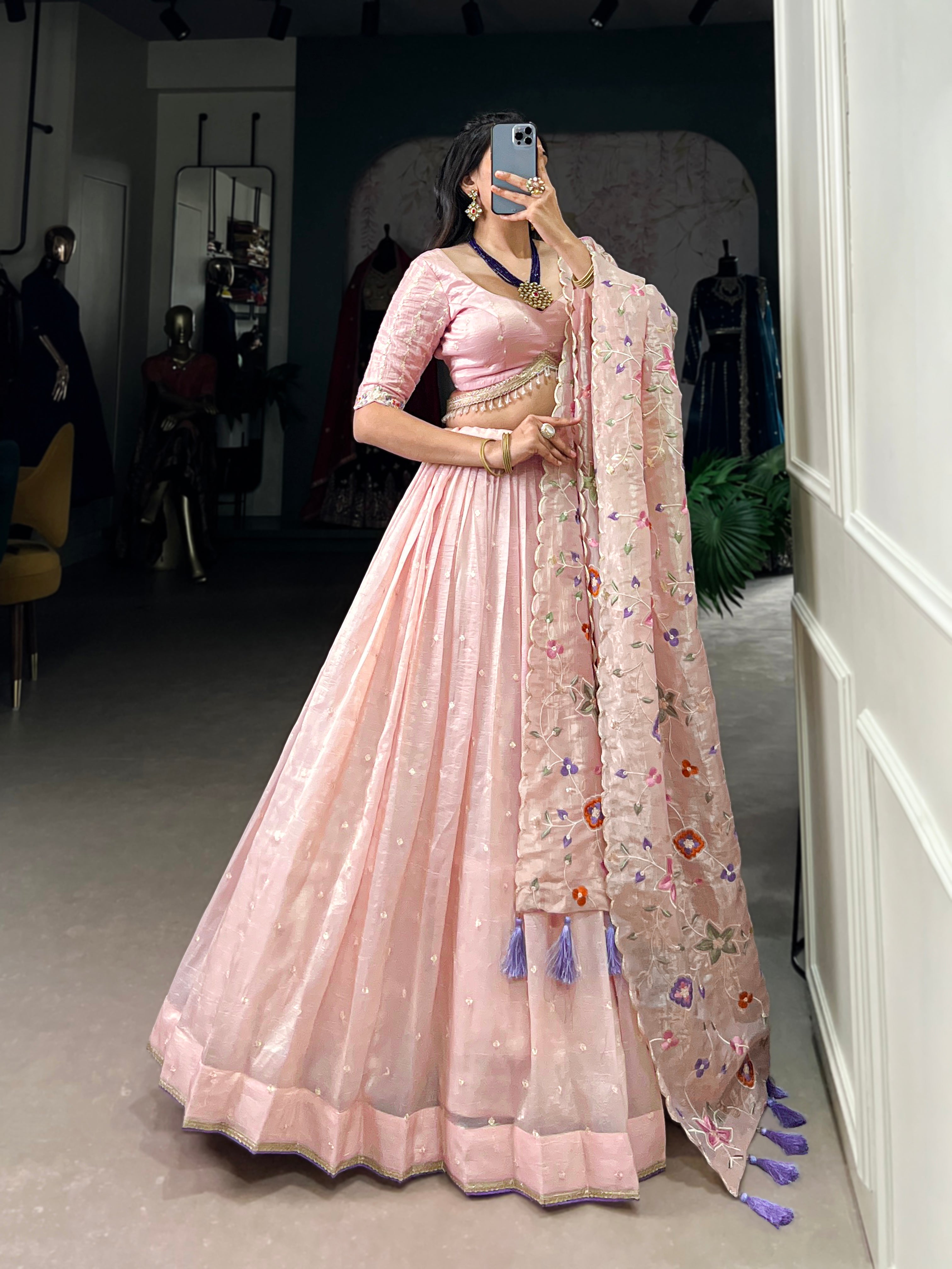 Light Pink Thread Embroidered Gold Crush Lehenga Set For Wedding