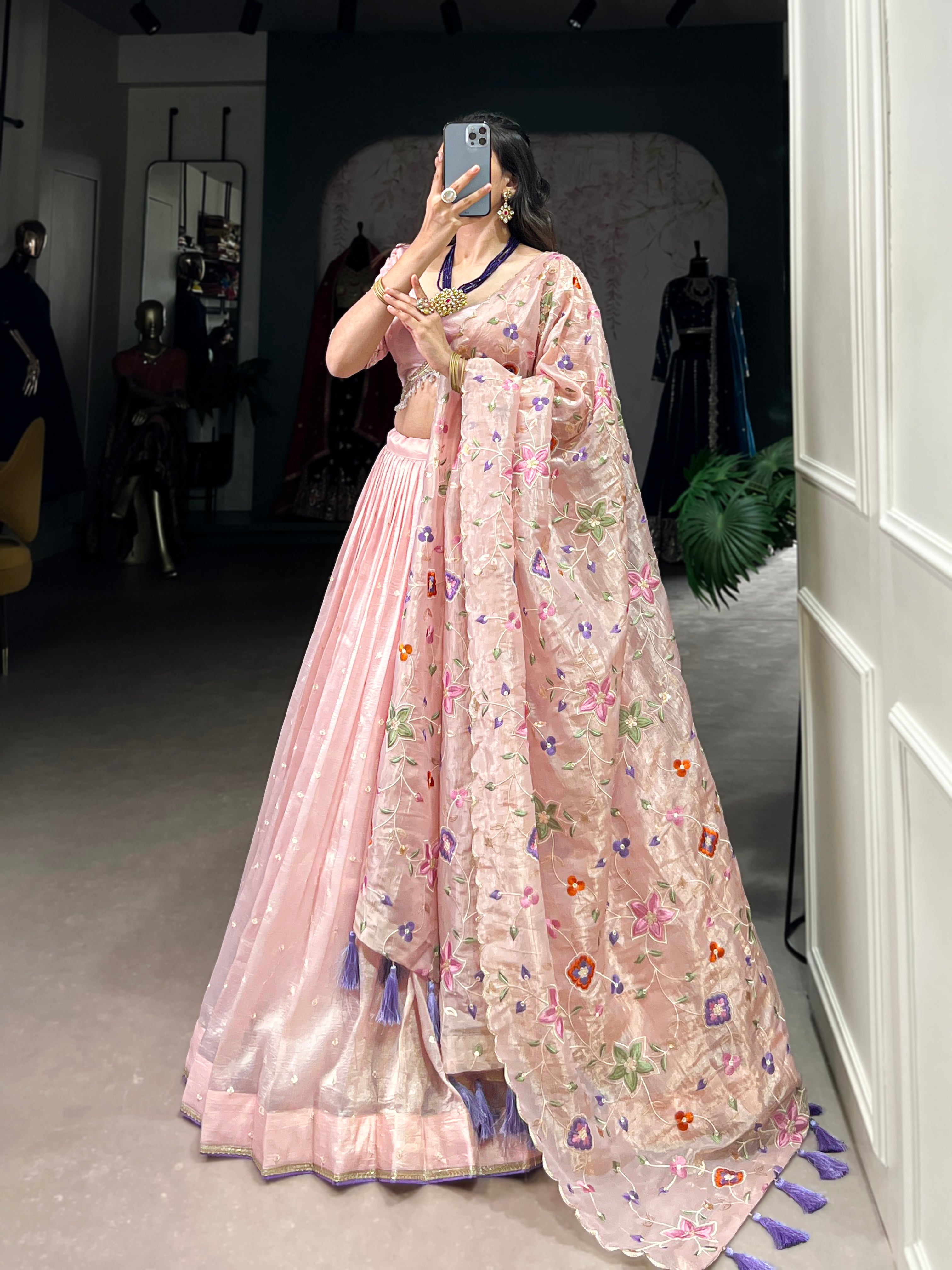 Light Pink Thread Embroidered Gold Crush Lehenga Set For Wedding