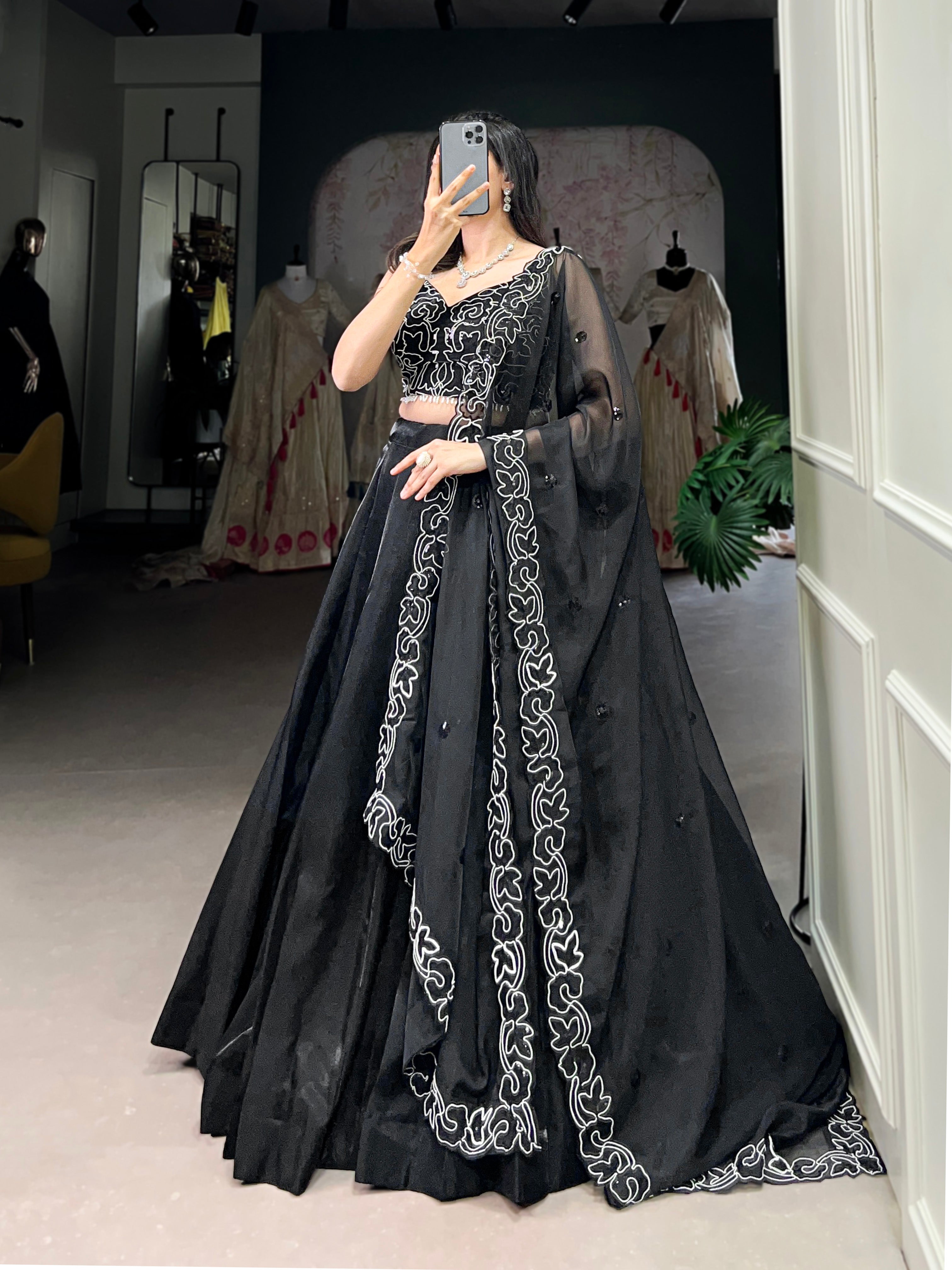 Black Color Pearl Coding And Sequins Embroidery Work With Satin Lehenga Choli
