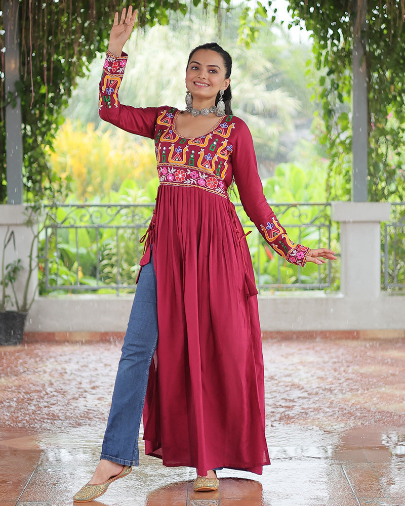 Designer Red Color Rayon Gamthi Work Navratri Kurti