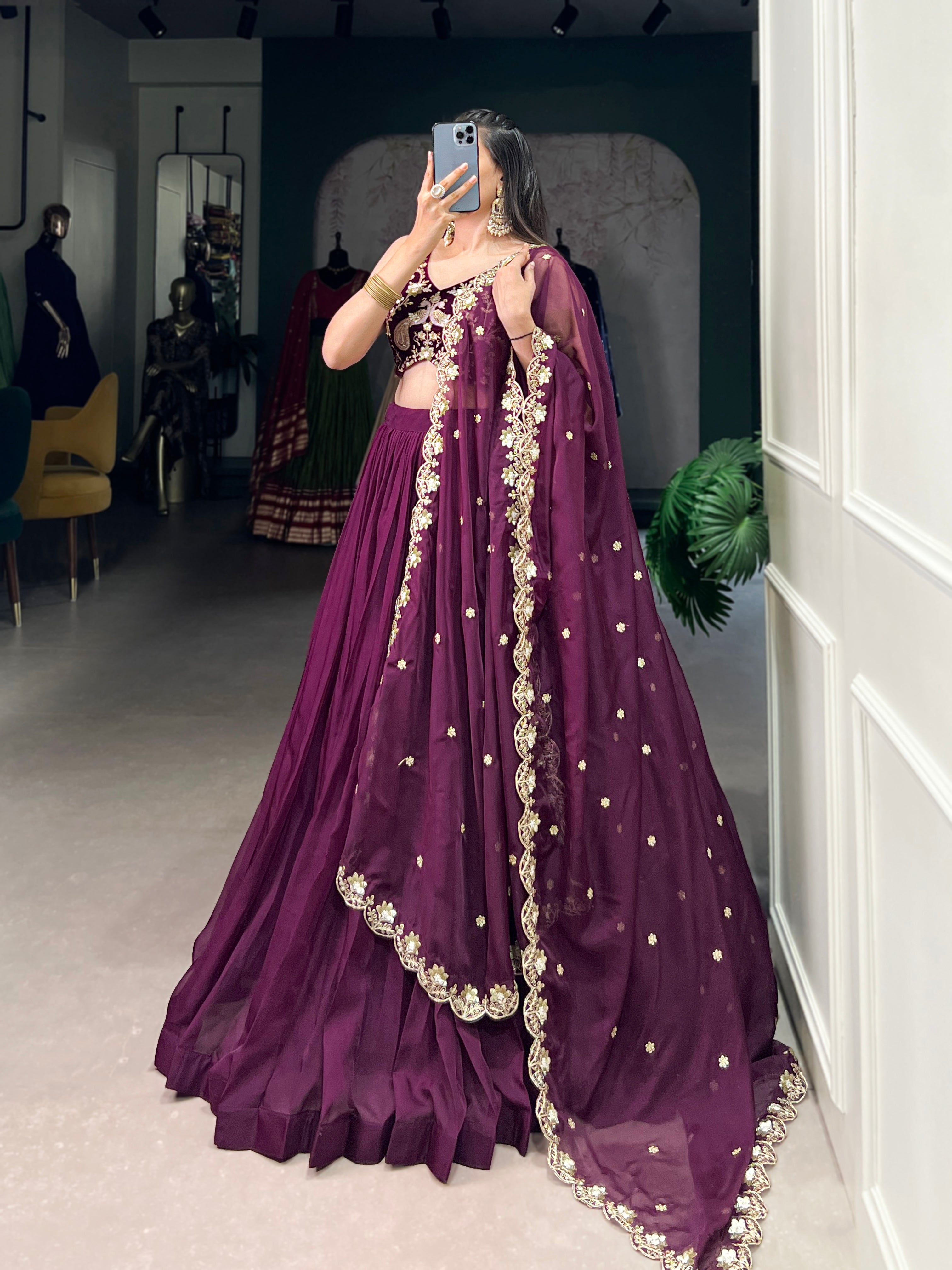 Stunning Wine Organza Lehenga With Thread Embroidered Velvet Blouse