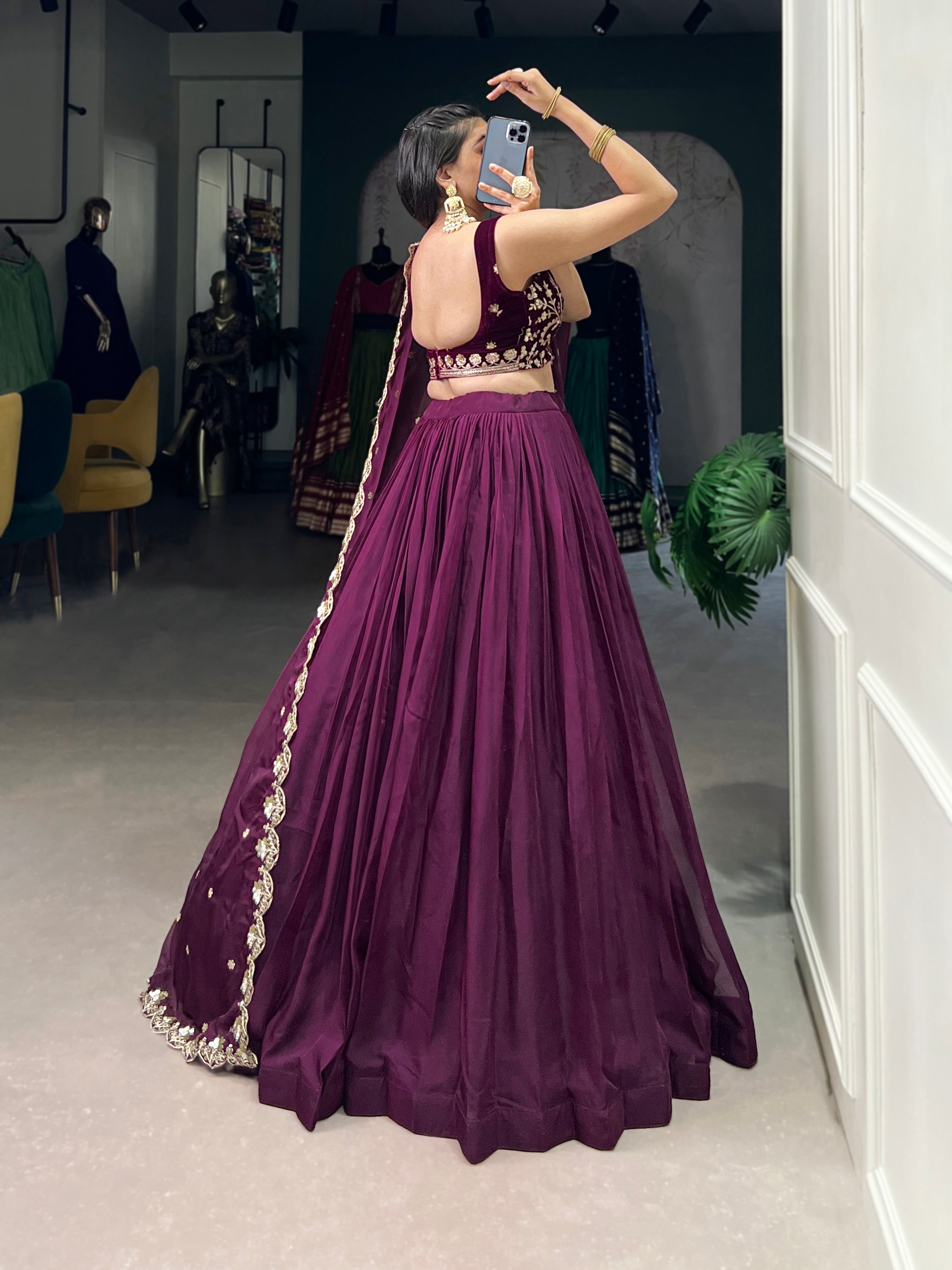 Stunning Wine Organza Lehenga With Thread Embroidered Velvet Blouse