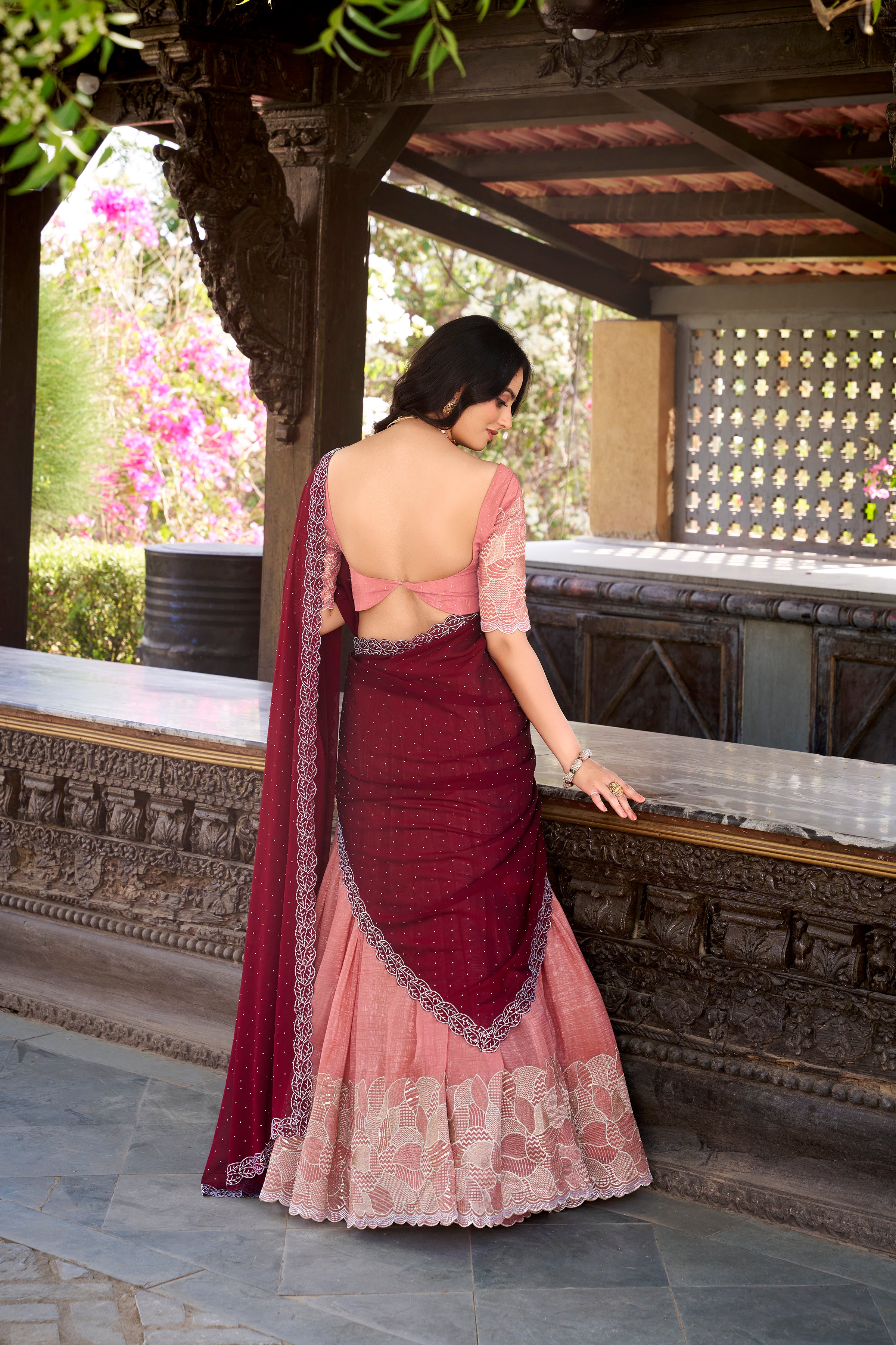 Peach Color Silver Glossy Embroidered Lehenga Choli
