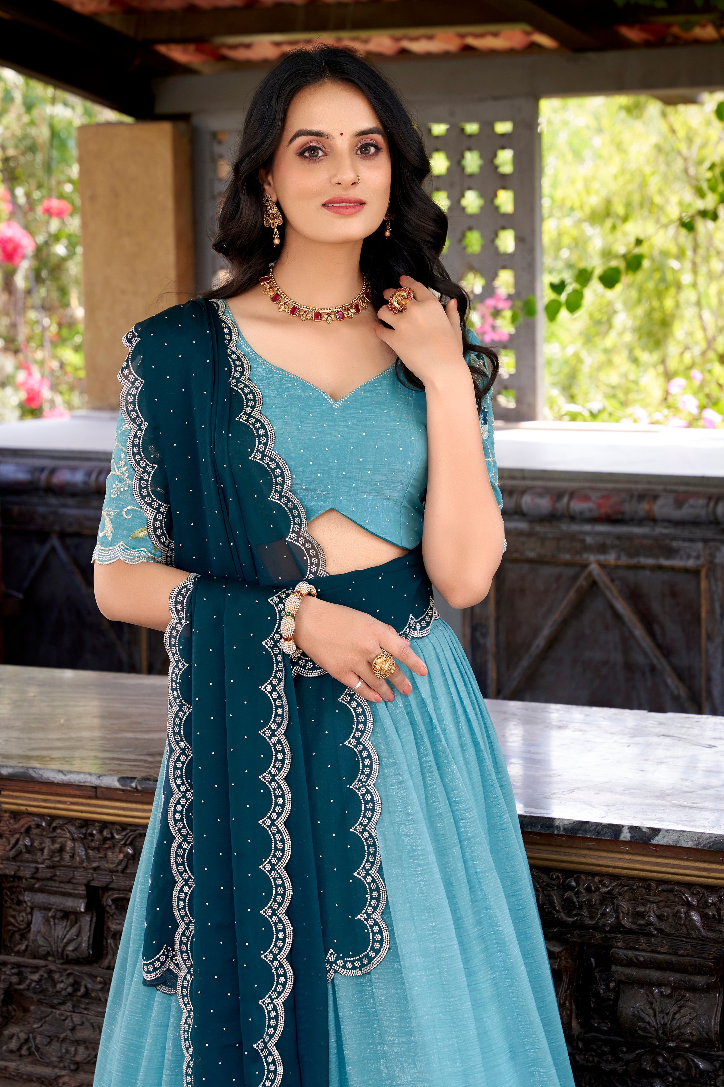 Sky Blue Color Silver Glossy Embroidered Lehenga Choli