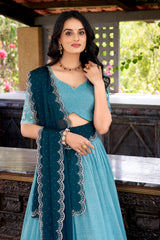 Sky Blue Color Silver Glossy Embroidered Lehenga Choli