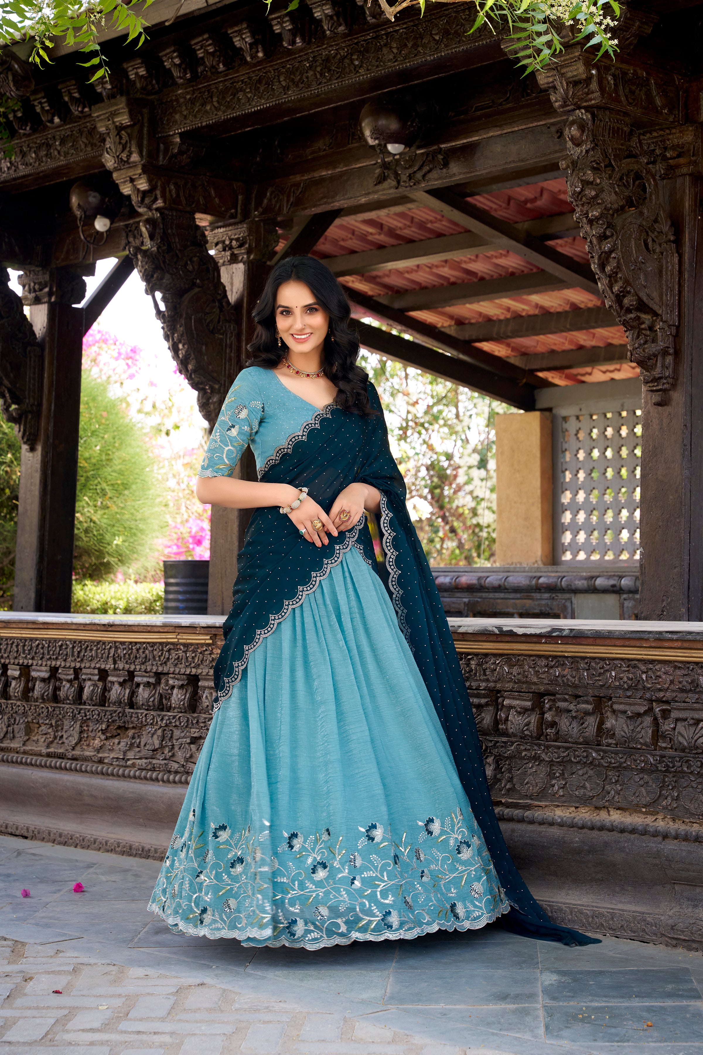 Sky Blue Color Silver Glossy Embroidered Lehenga Choli