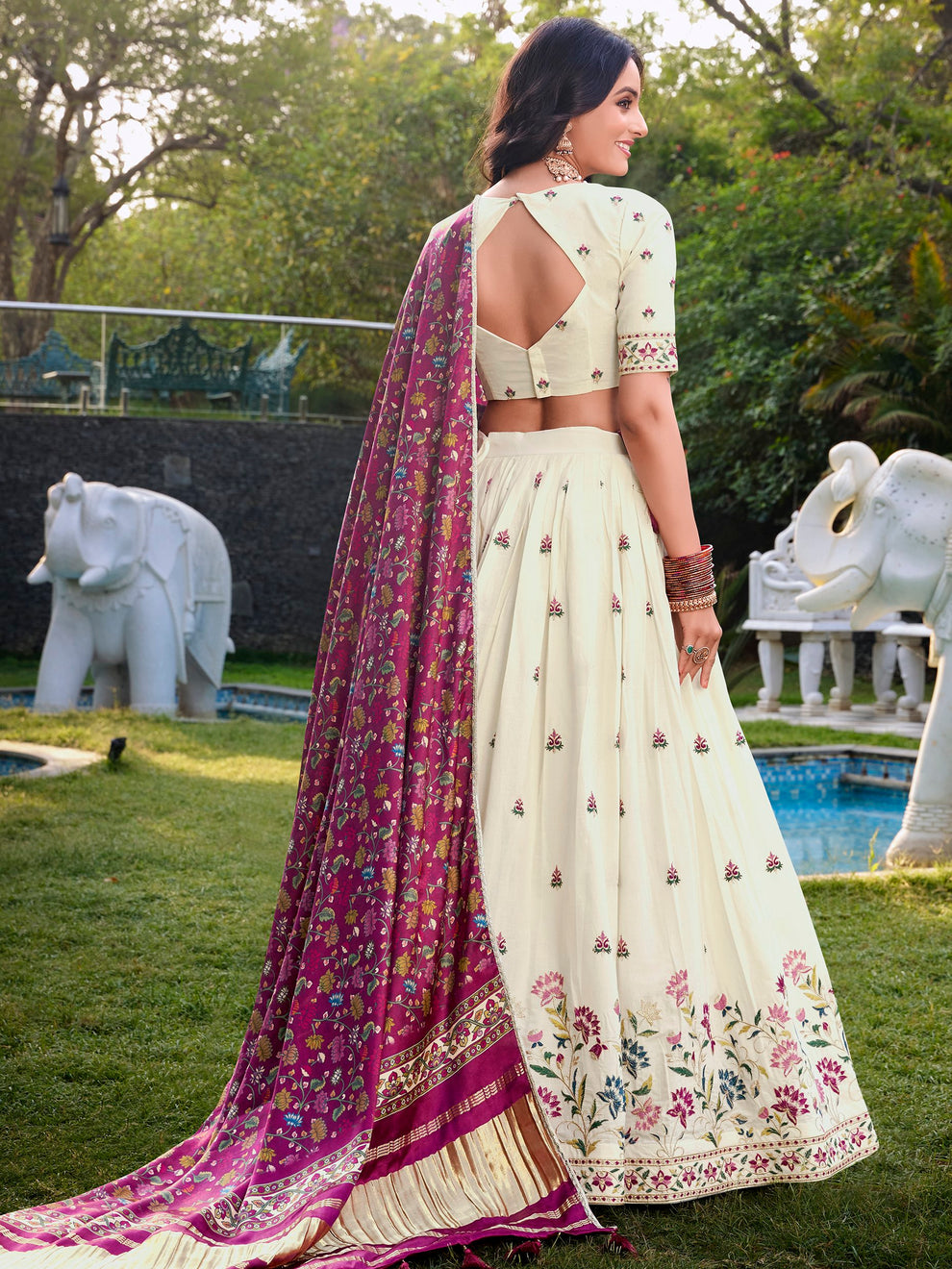 Impressive Off-White Sequins Cotton Event Wear Lehenga Choli With Wine Dupatta