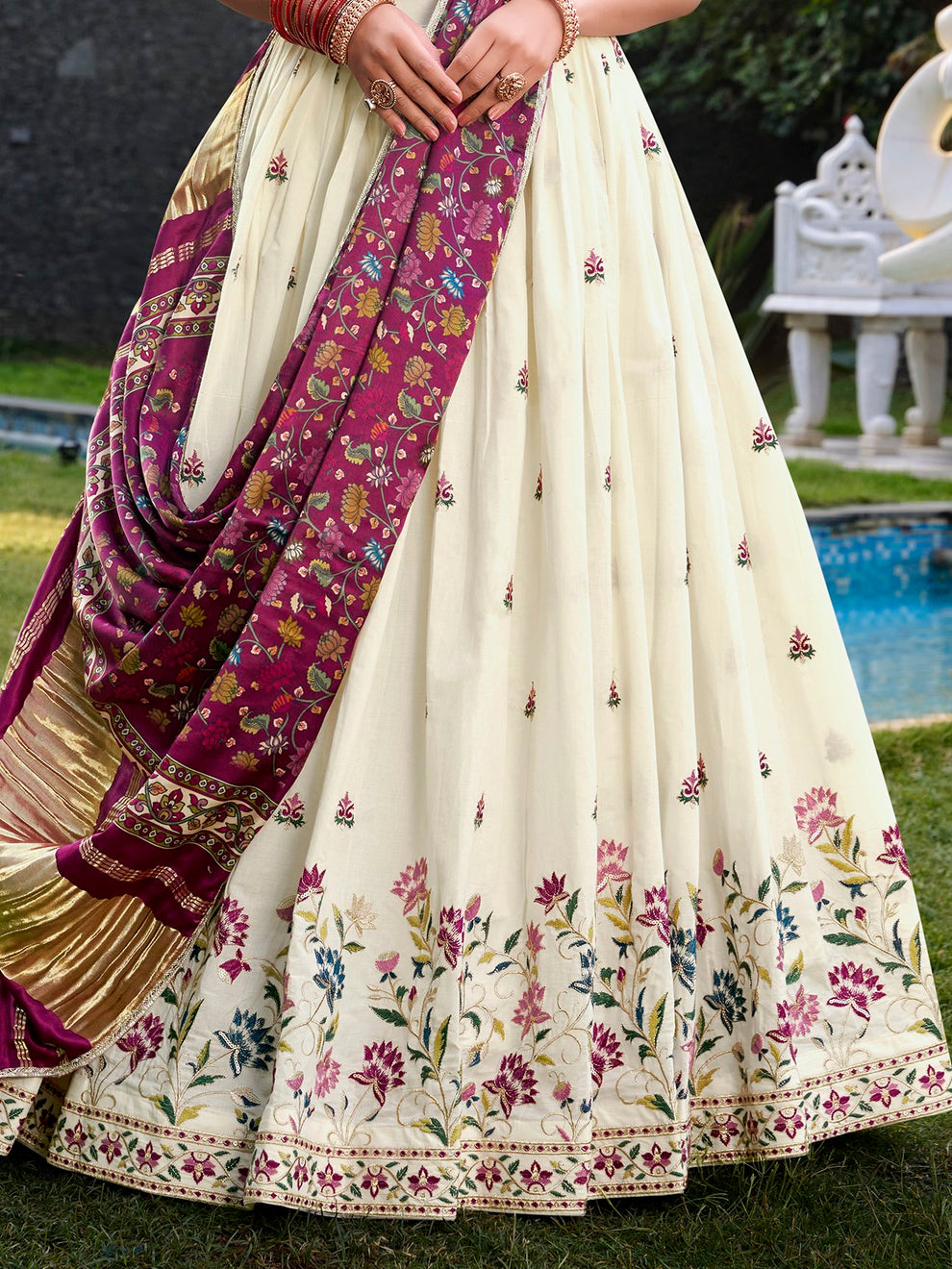 Impressive Off-White Sequins Cotton Event Wear Lehenga Choli With Wine Dupatta
