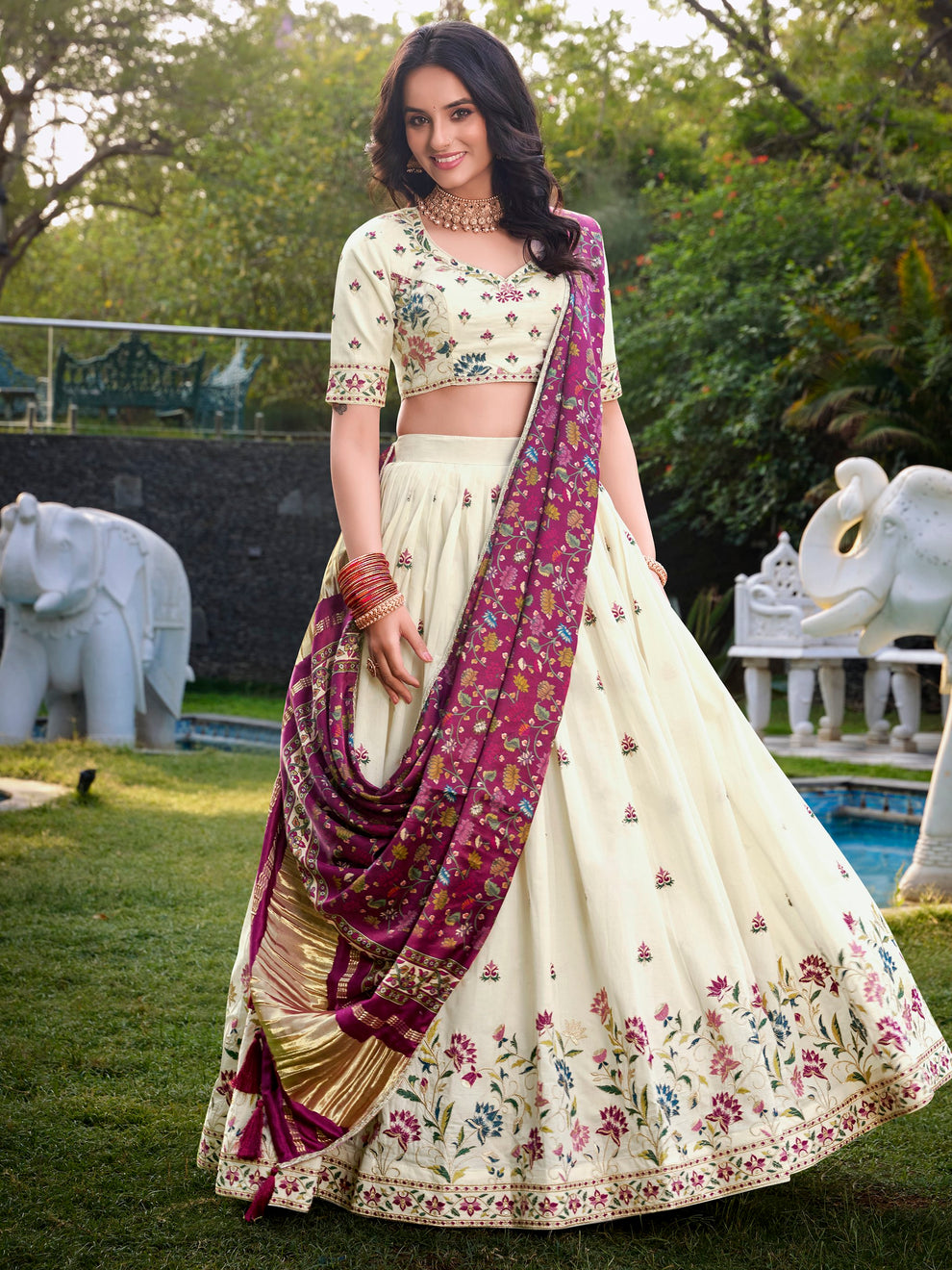 Impressive Off-White Sequins Cotton Event Wear Lehenga Choli With Wine Dupatta