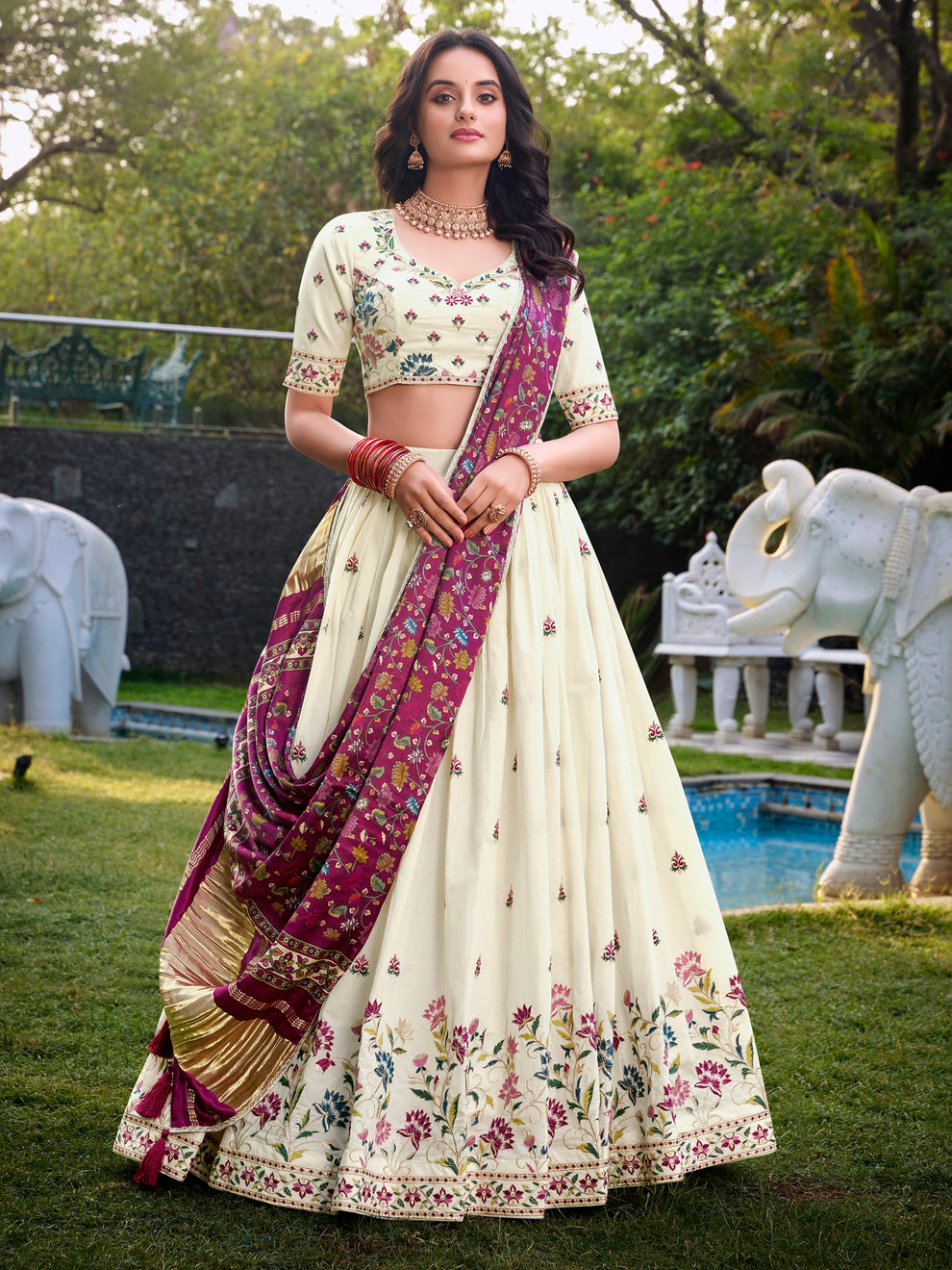 Impressive Off-White Sequins Cotton Event Wear Lehenga Choli With Wine Dupatta