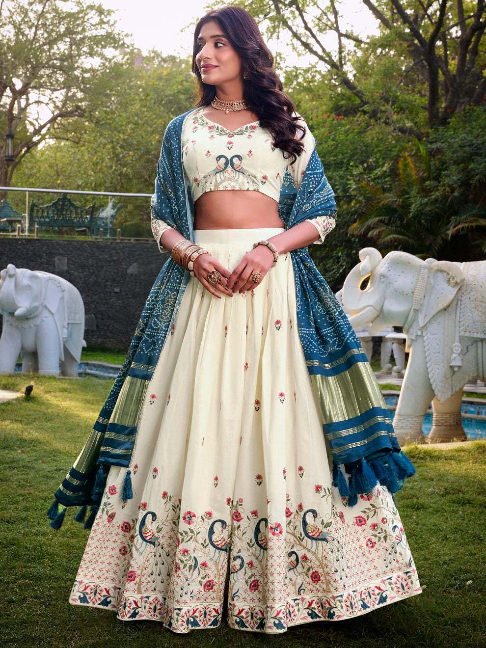 Fantastic Off-White Thread Work Cotton Lehenga Choli With Teal Blue Dupatta