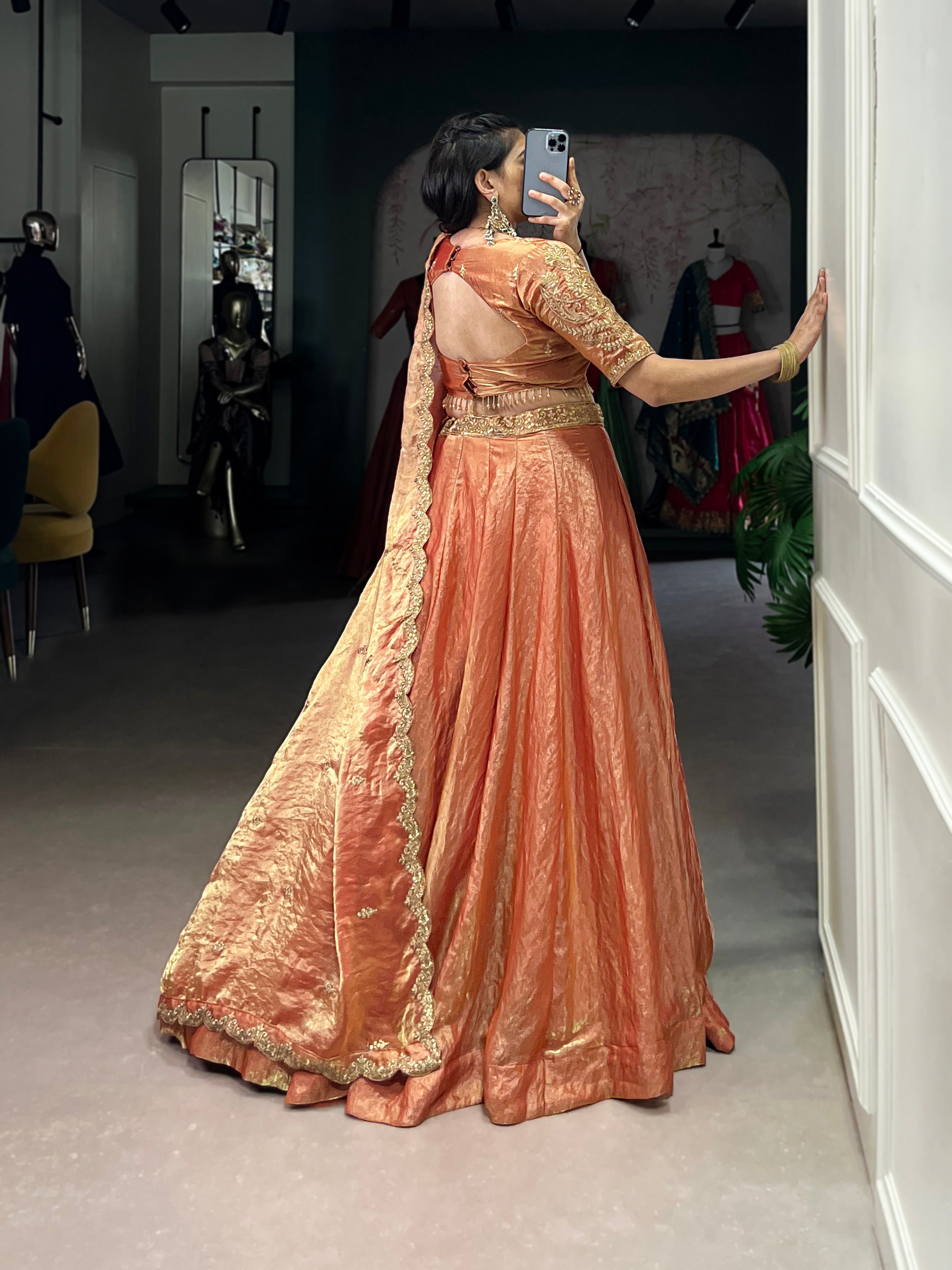 SENSUAL ORANGE EMBROIDERED ORGANZA WEDDING WEAR LEHENGA CHOLI