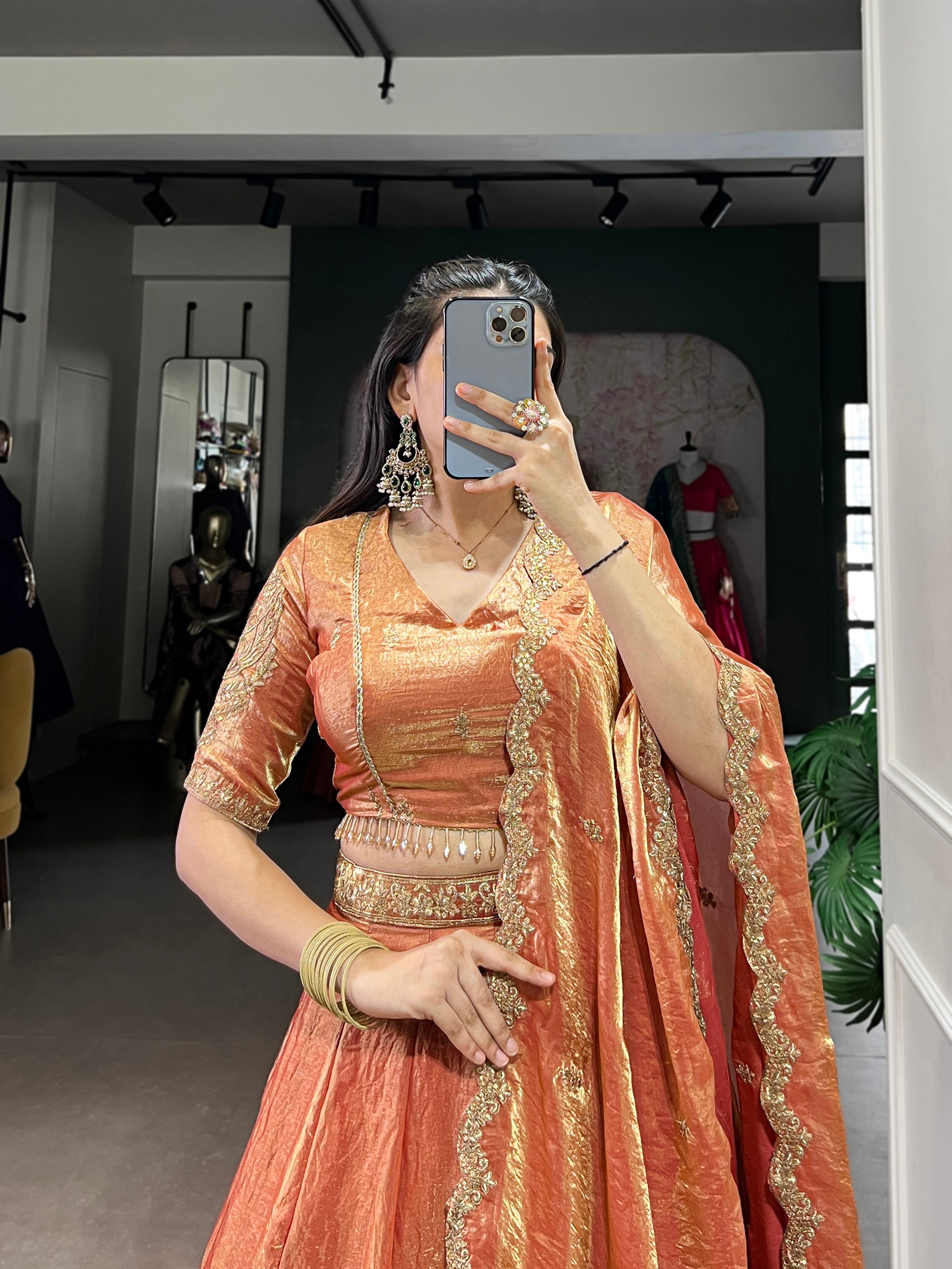 SENSUAL ORANGE EMBROIDERED ORGANZA WEDDING WEAR LEHENGA CHOLI