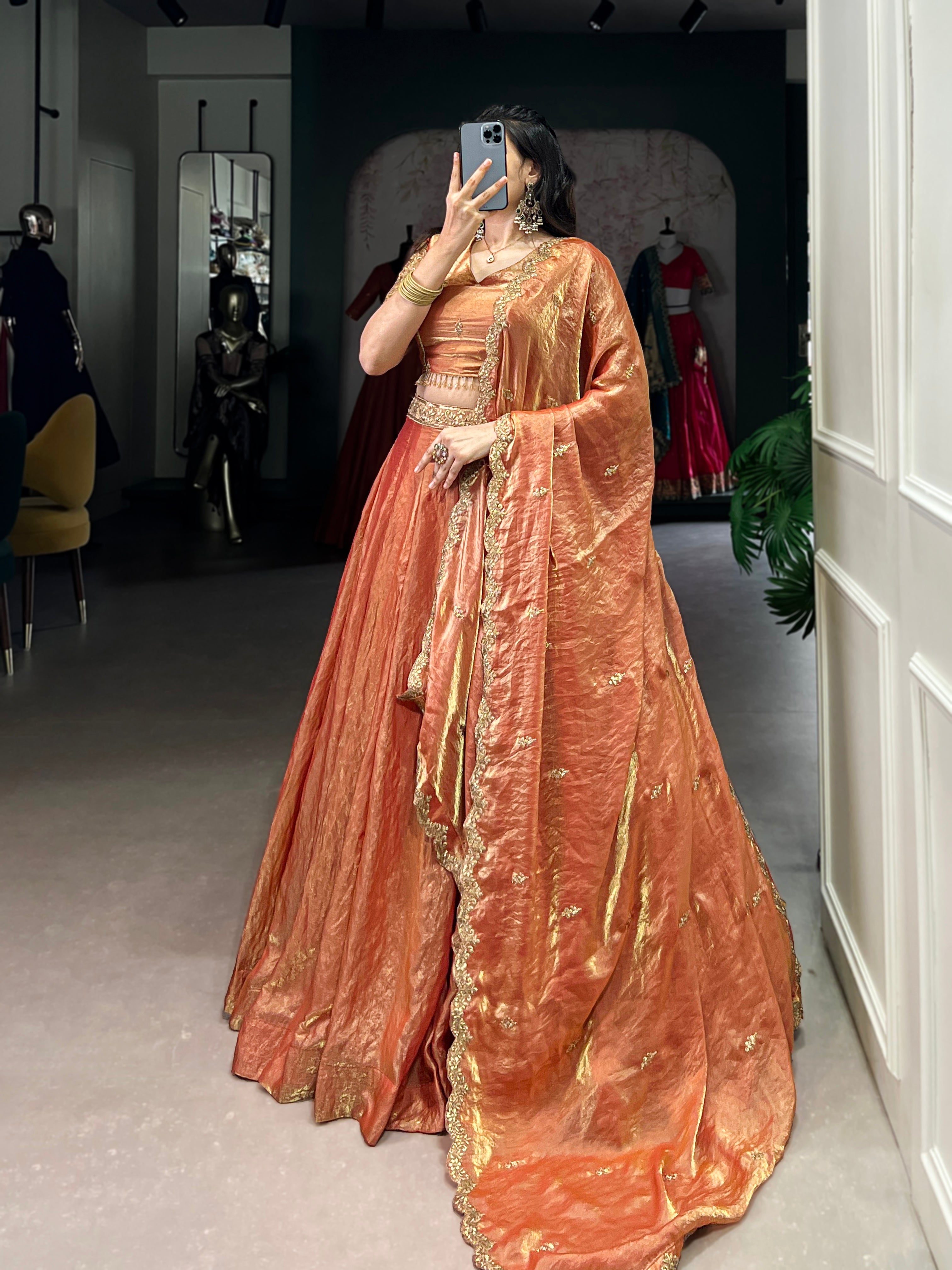 SENSUAL ORANGE EMBROIDERED ORGANZA WEDDING WEAR LEHENGA CHOLI