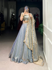 Enchanting Sky Blue Thread Work Organza Bridesmaid Lehenga Choli With Dupatta