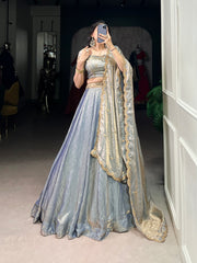 Enchanting Sky Blue Thread Work Organza Bridesmaid Lehenga Choli With Dupatta