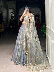 Enchanting Sky Blue Thread Work Organza Bridesmaid Lehenga Choli With Dupatta