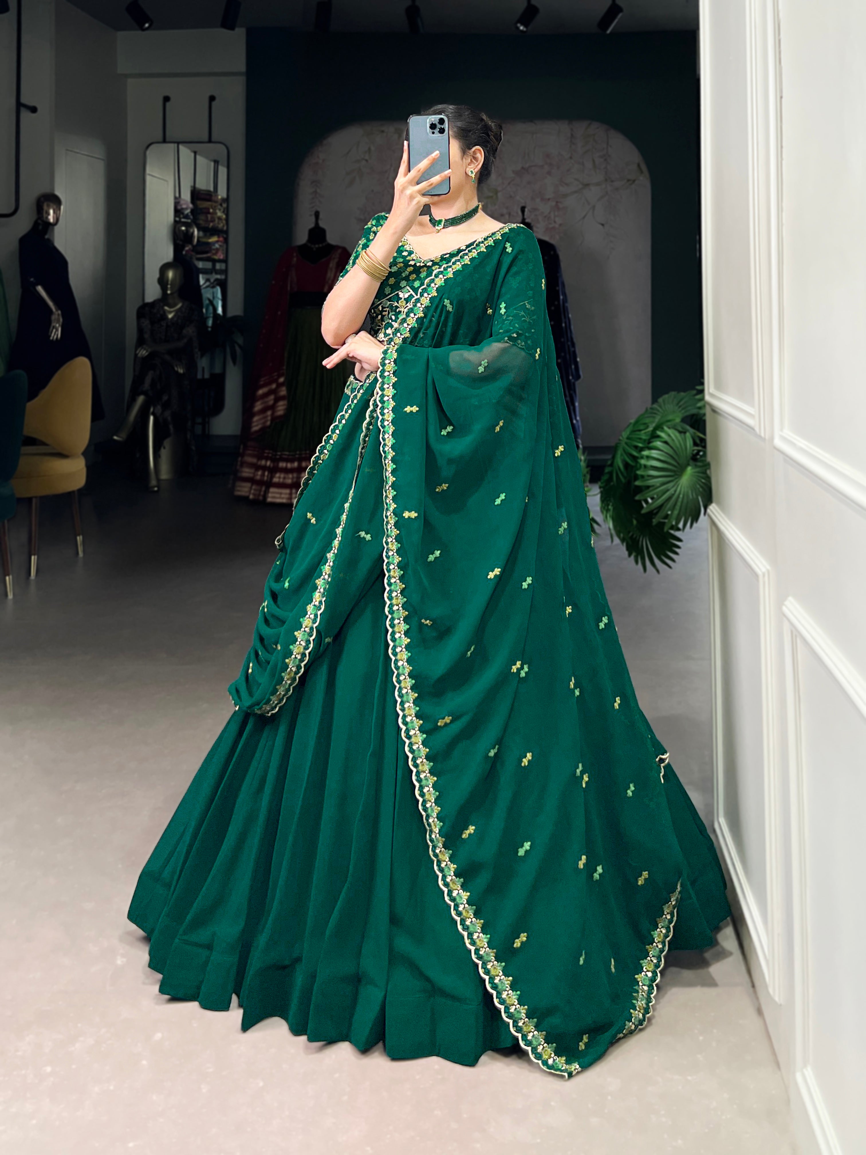 Designer Bottle Green Color Georgette Embroidered Lehenga Choli By Mitval