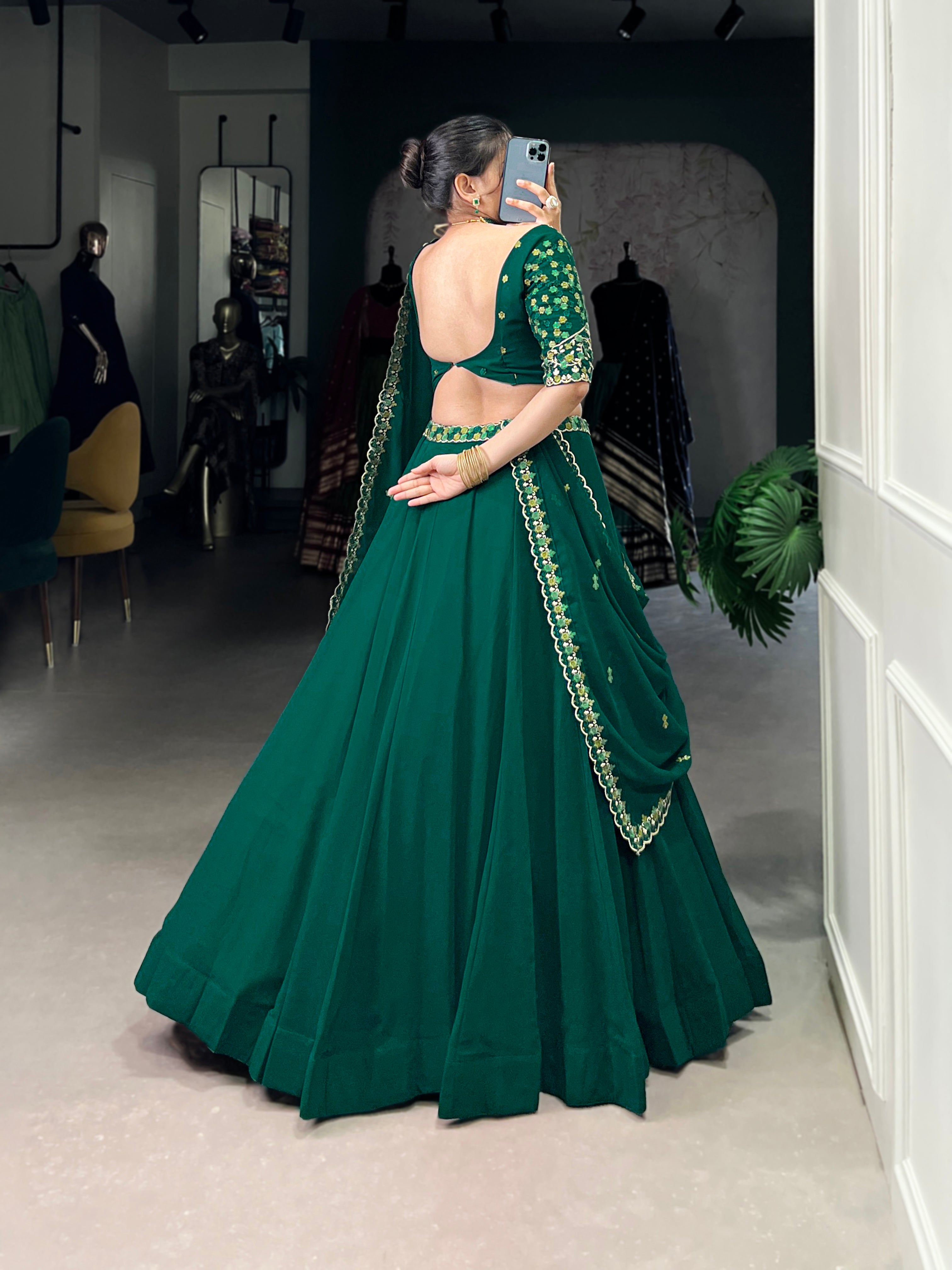 Designer Bottle Green Color Georgette Embroidered Lehenga Choli By Mitval
