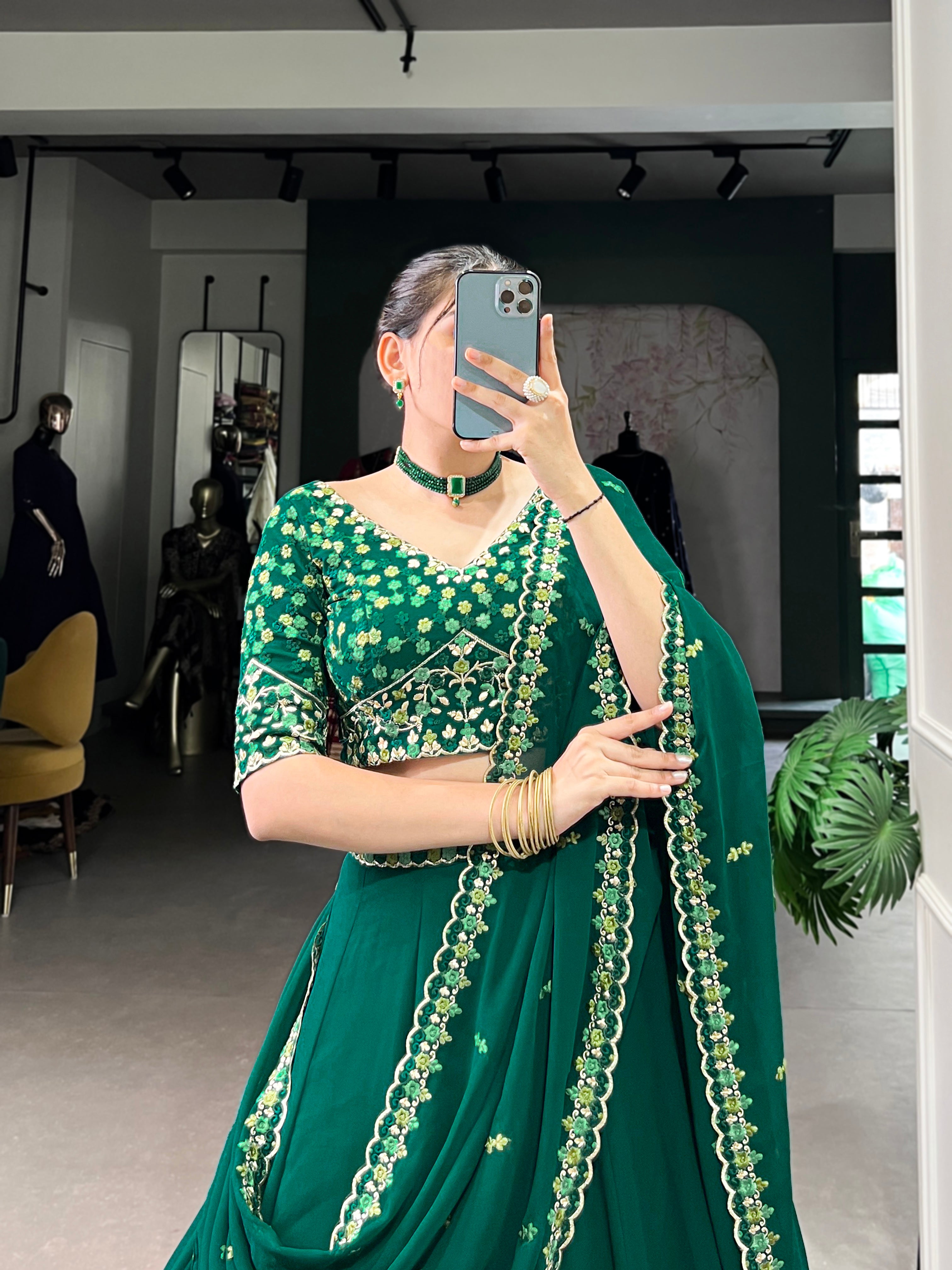 Designer Bottle Green Color Georgette Embroidered Lehenga Choli By Mitval