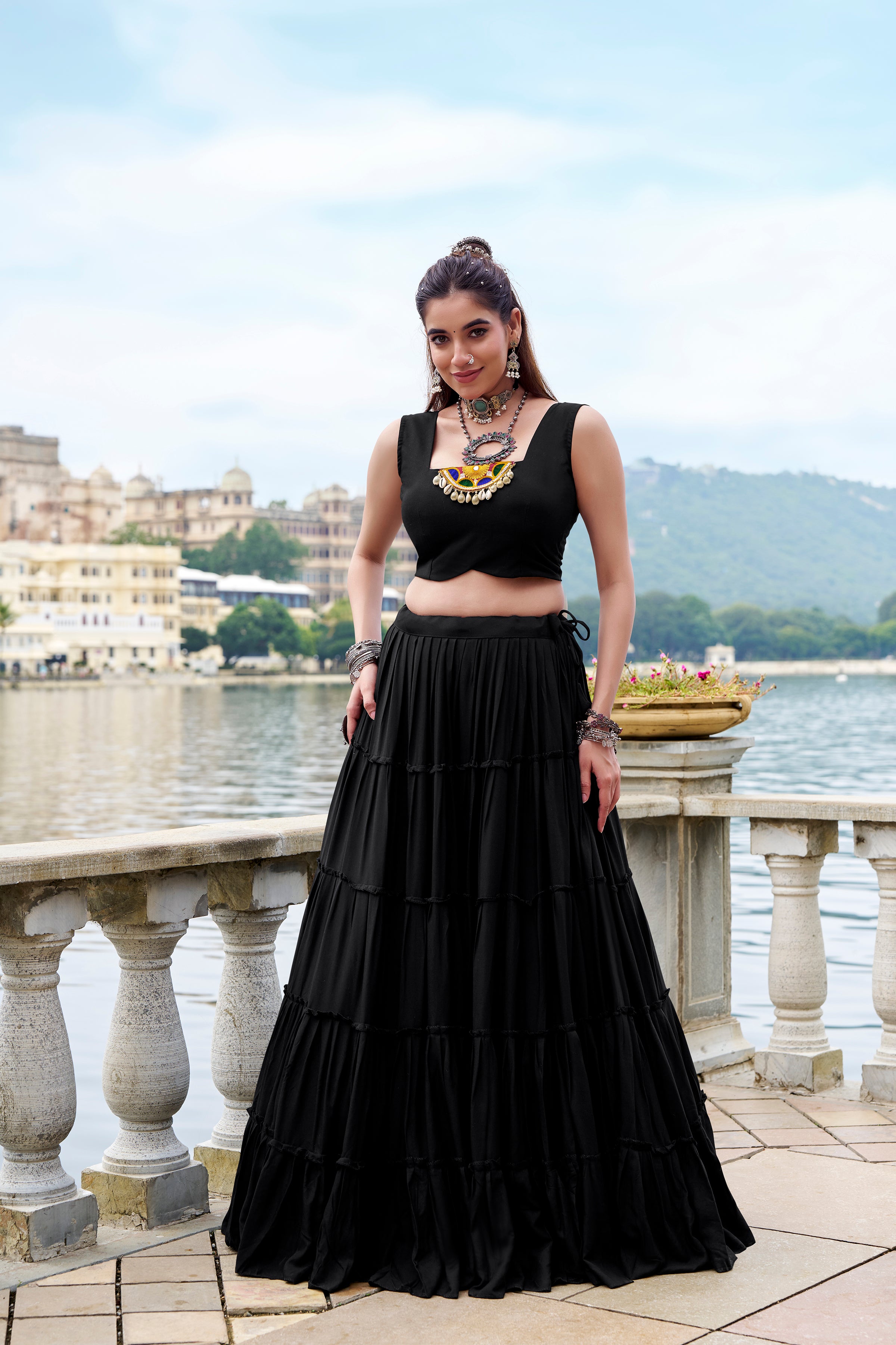 ELEGANT BLACK COLOR PURE RAYON NAVRATRI LEHENGA CHOLI