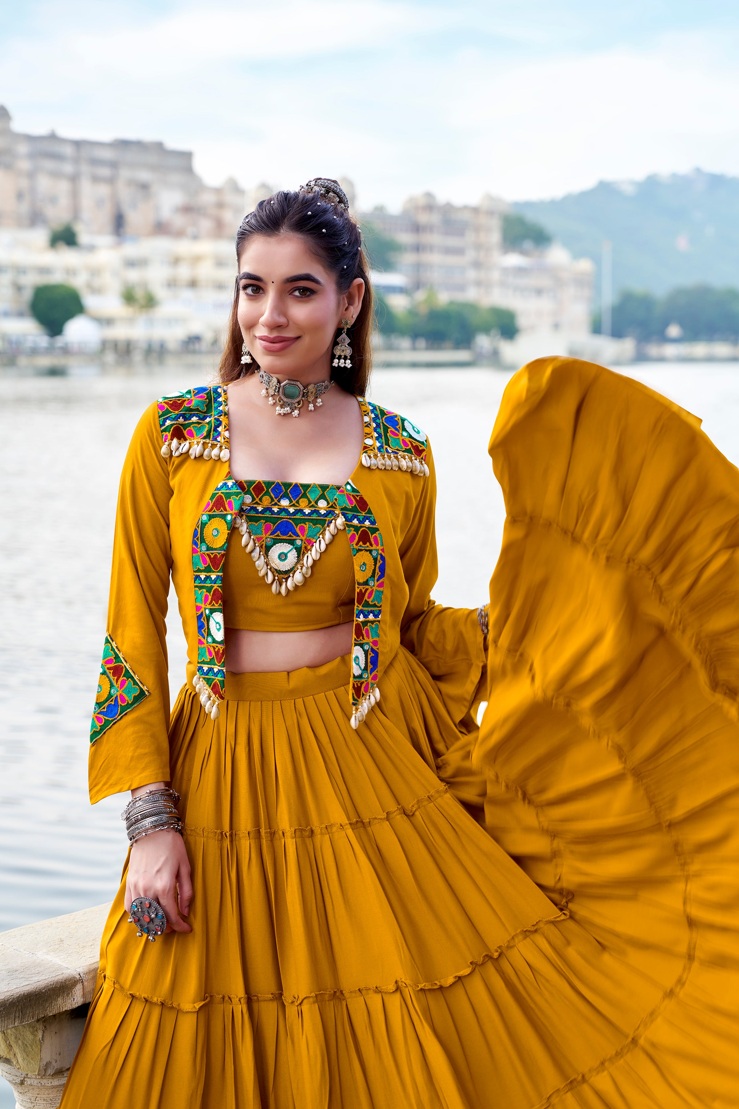 ELEGANT MUSTARD COLOR PURE RAYON NAVRATRI LEHENGA CHOLI