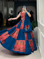 BLUE DESIGNER PRINTED WITH FOIL WORK READY MADE NAVRATRI LEHENGA CHOLI
