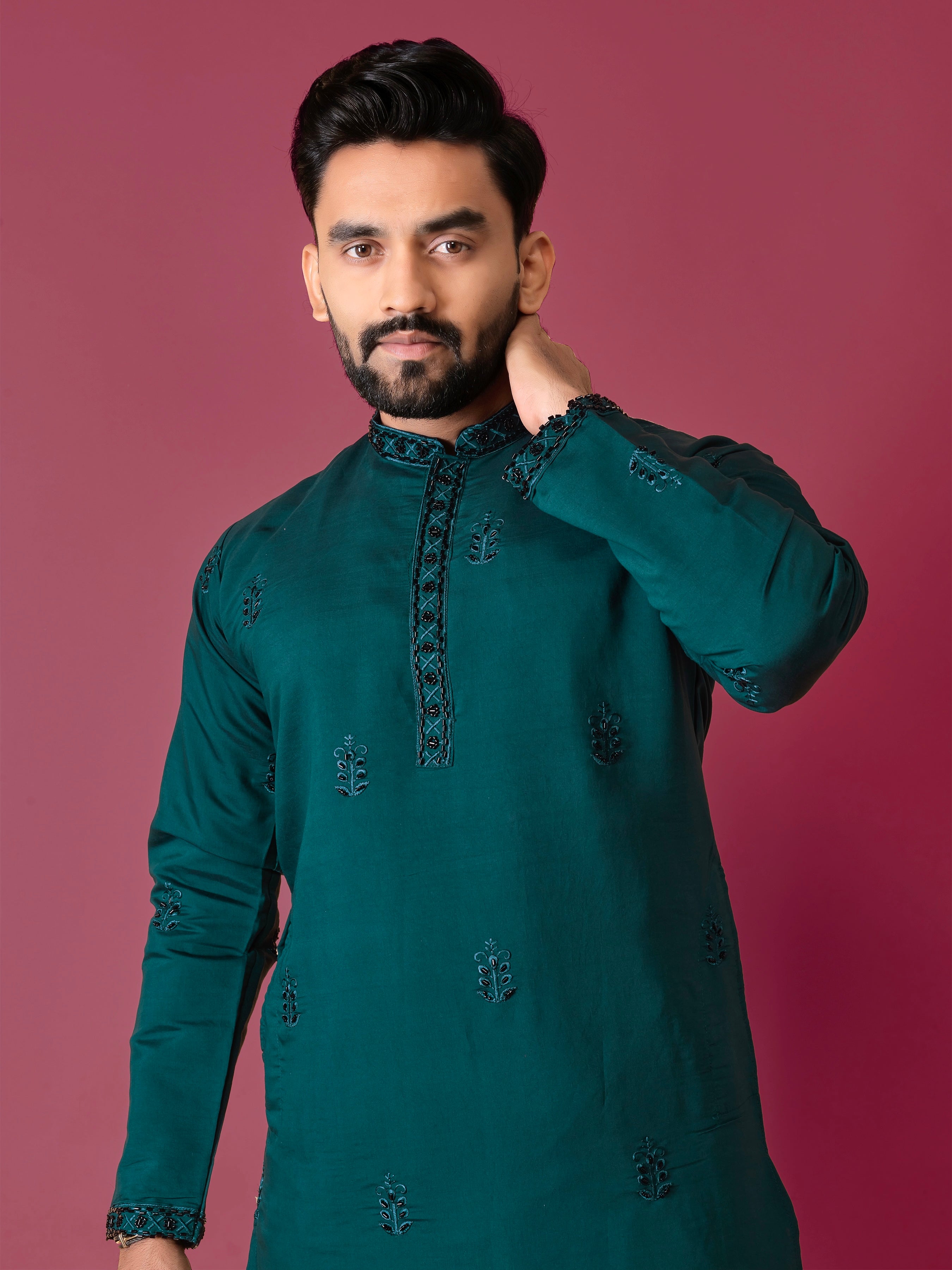 Green Color Men's Kurta Pajama Set In Roman Silk With Val Moti Hand Work