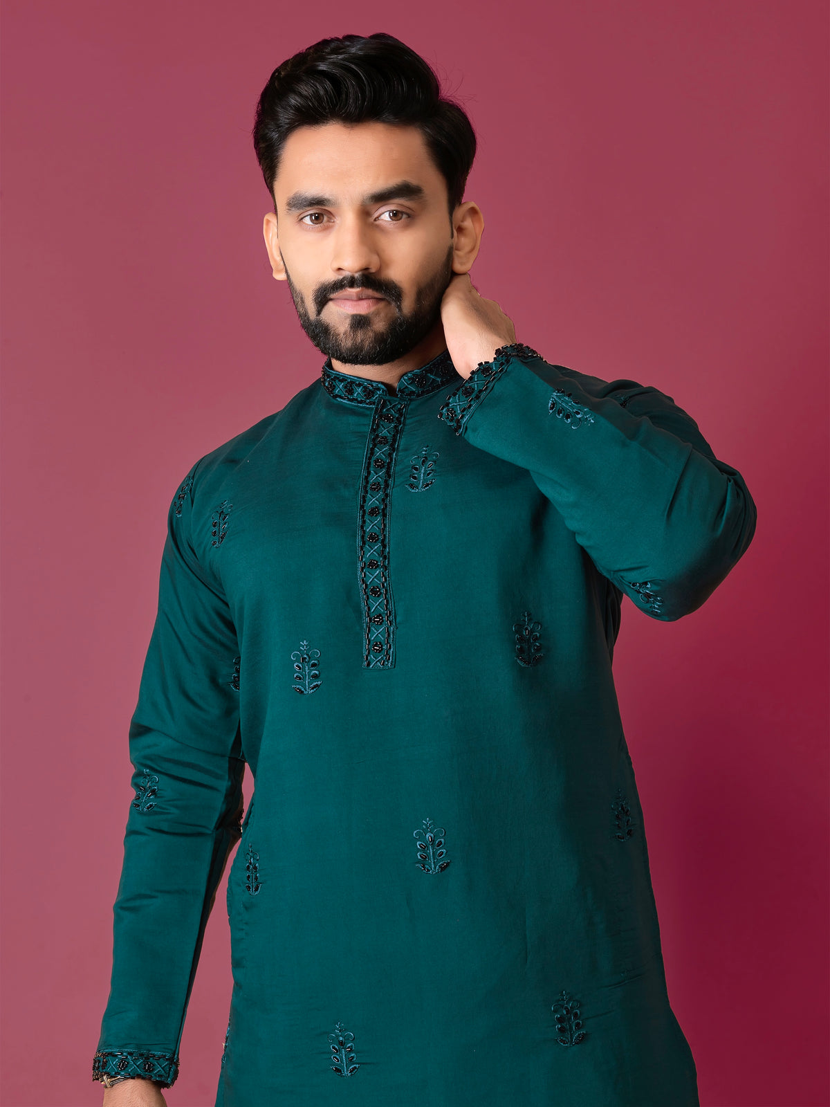 Green Color Men's Kurta Pajama Set In Roman Silk With Val Moti Hand Work