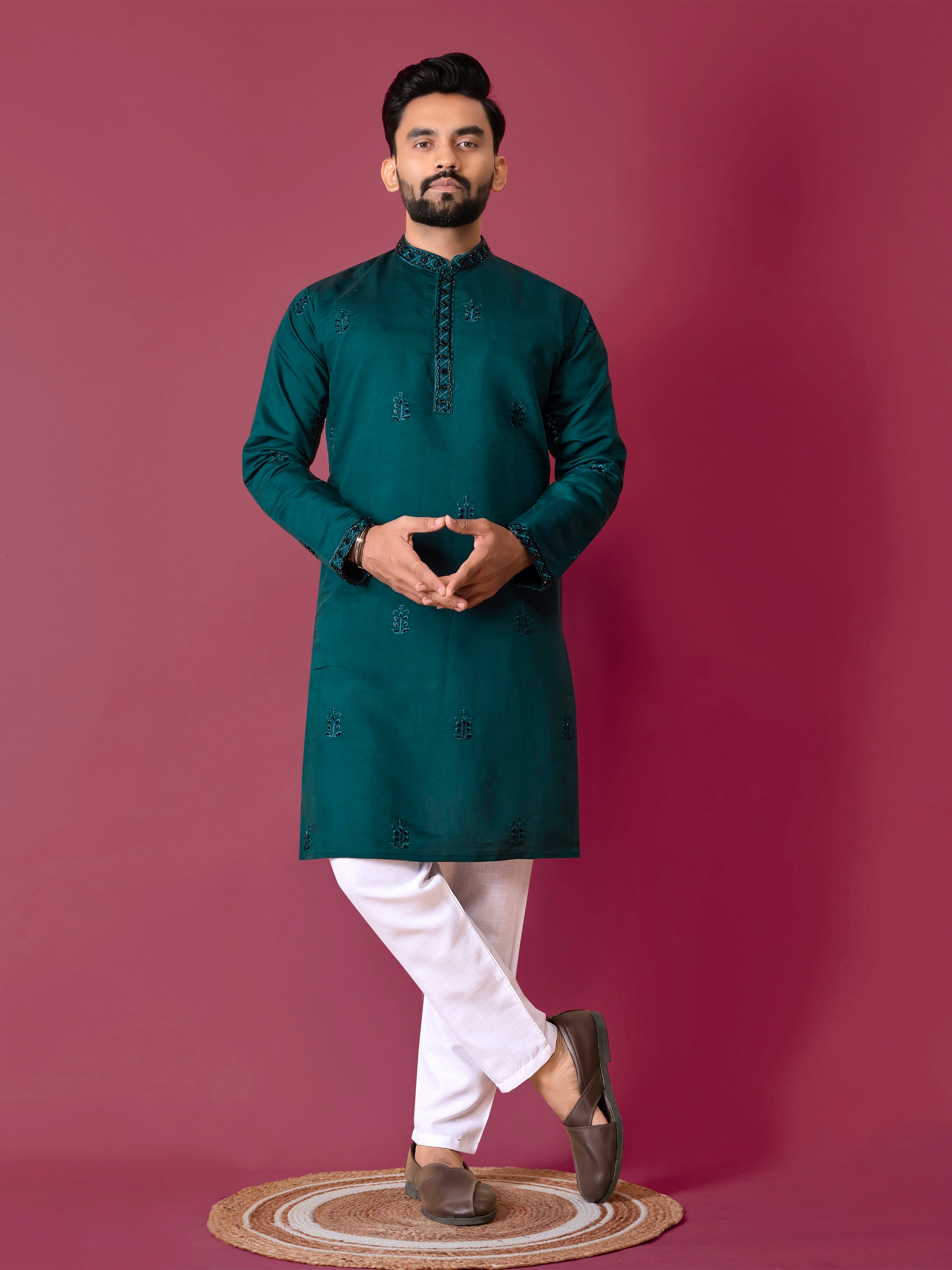Green Color Men's Kurta Pajama Set In Roman Silk With Val Moti Hand Work