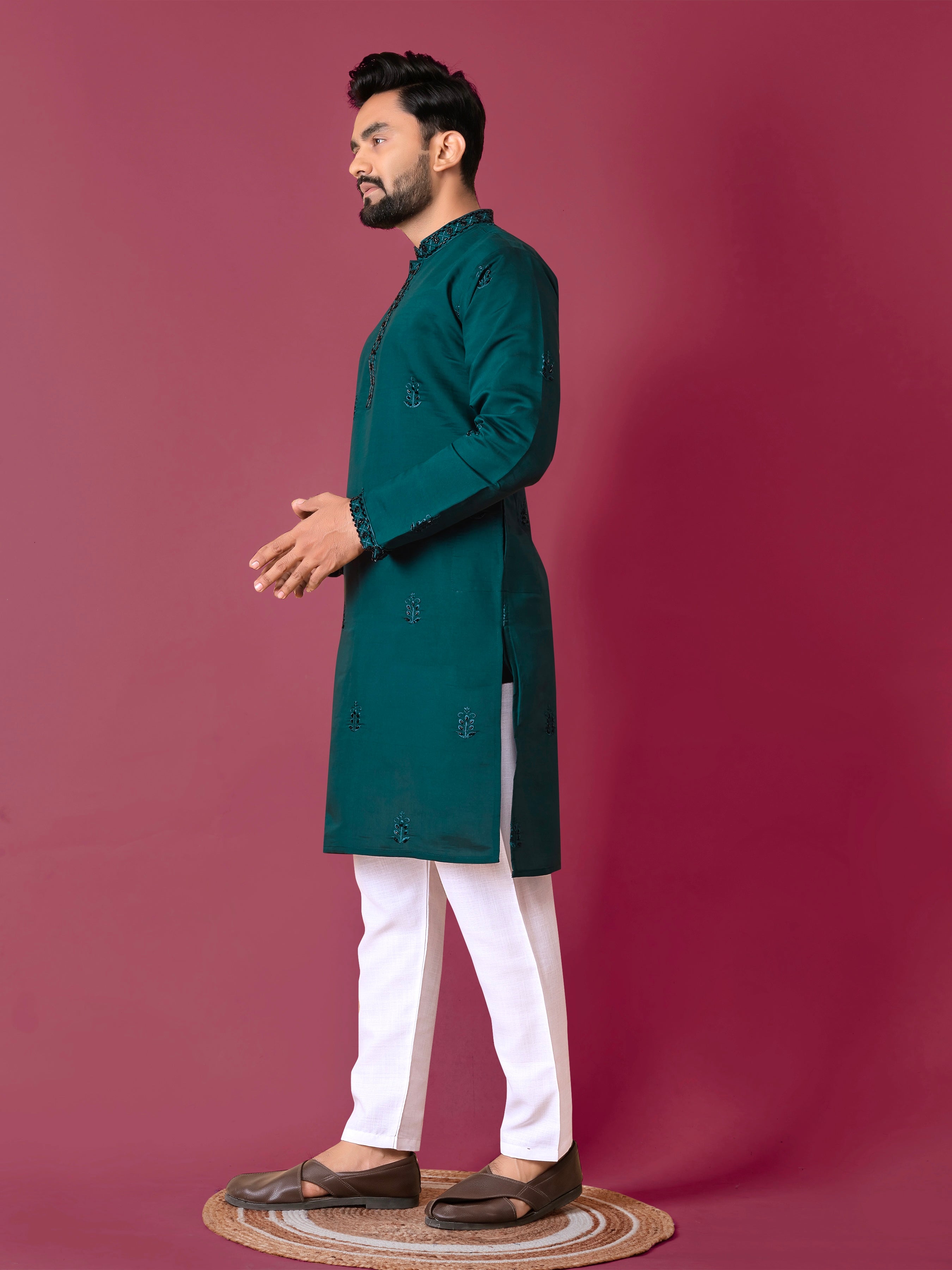 Green Color Men's Kurta Pajama Set In Roman Silk With Val Moti Hand Work