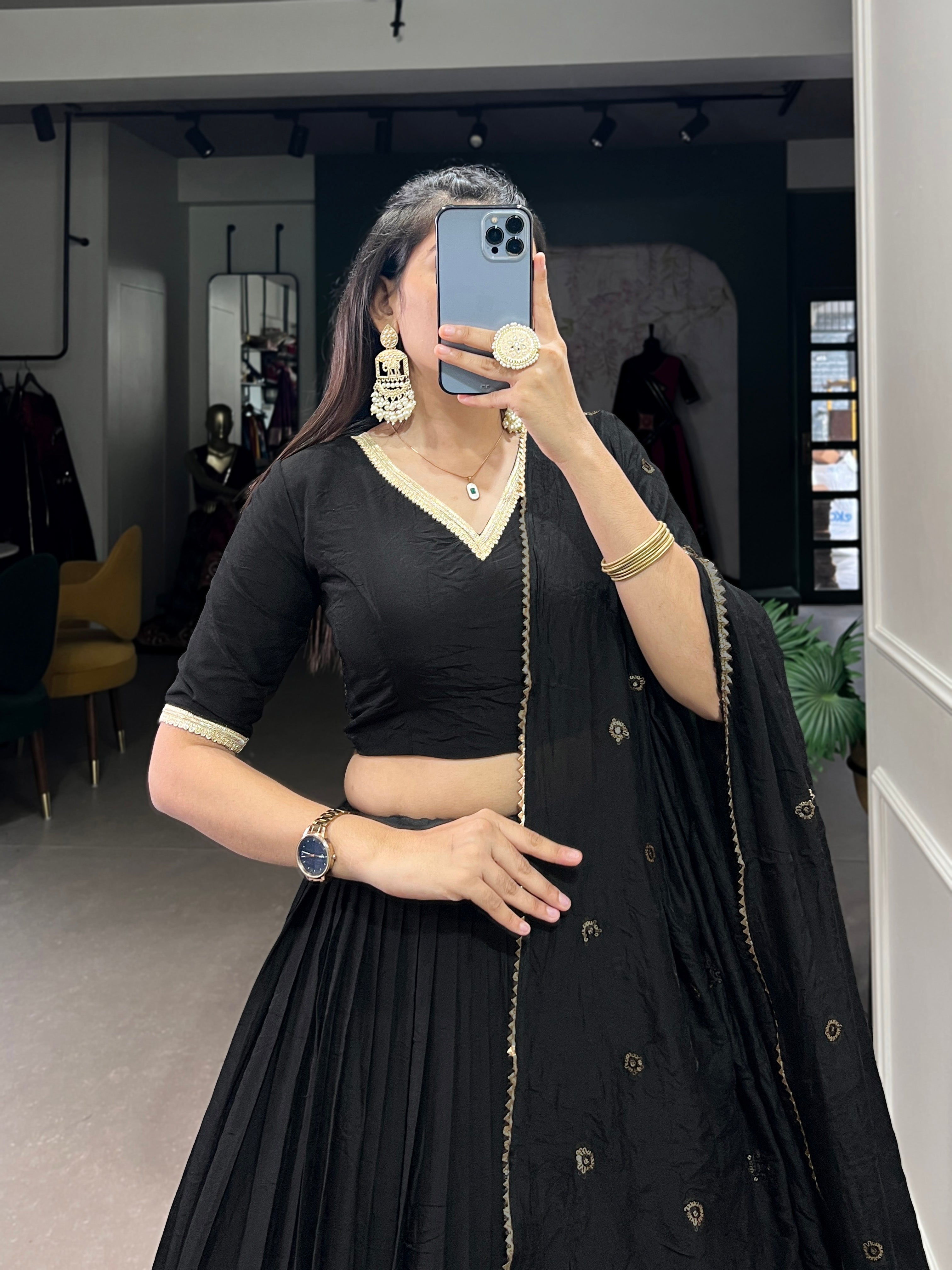 Black Color Plain With Zari Weaving Work Chanderi Lehenga Choli