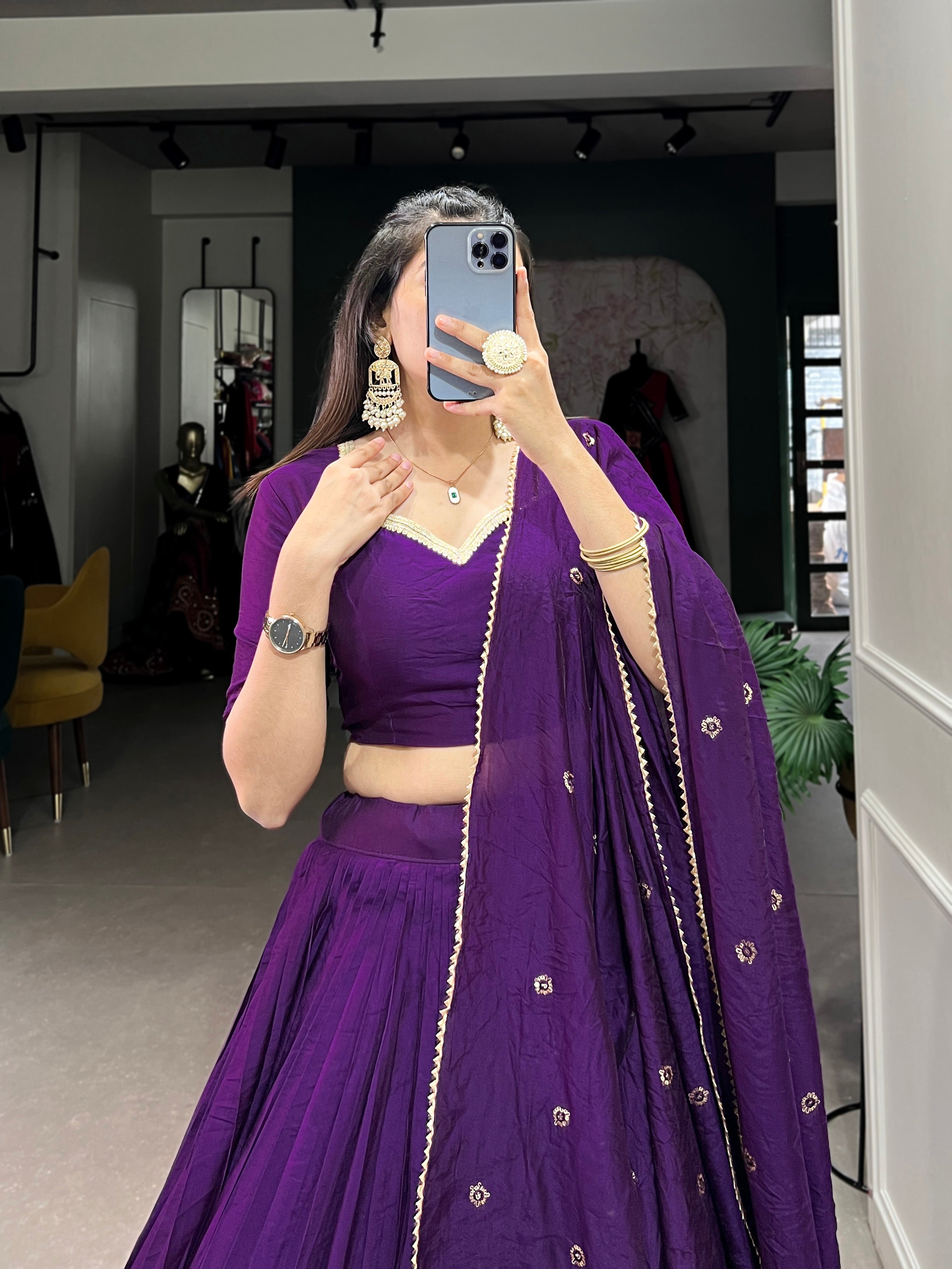 SPECTACULAR DARK PURPLE CHANDERI EVENT WEAR LEHENGA CHOLI