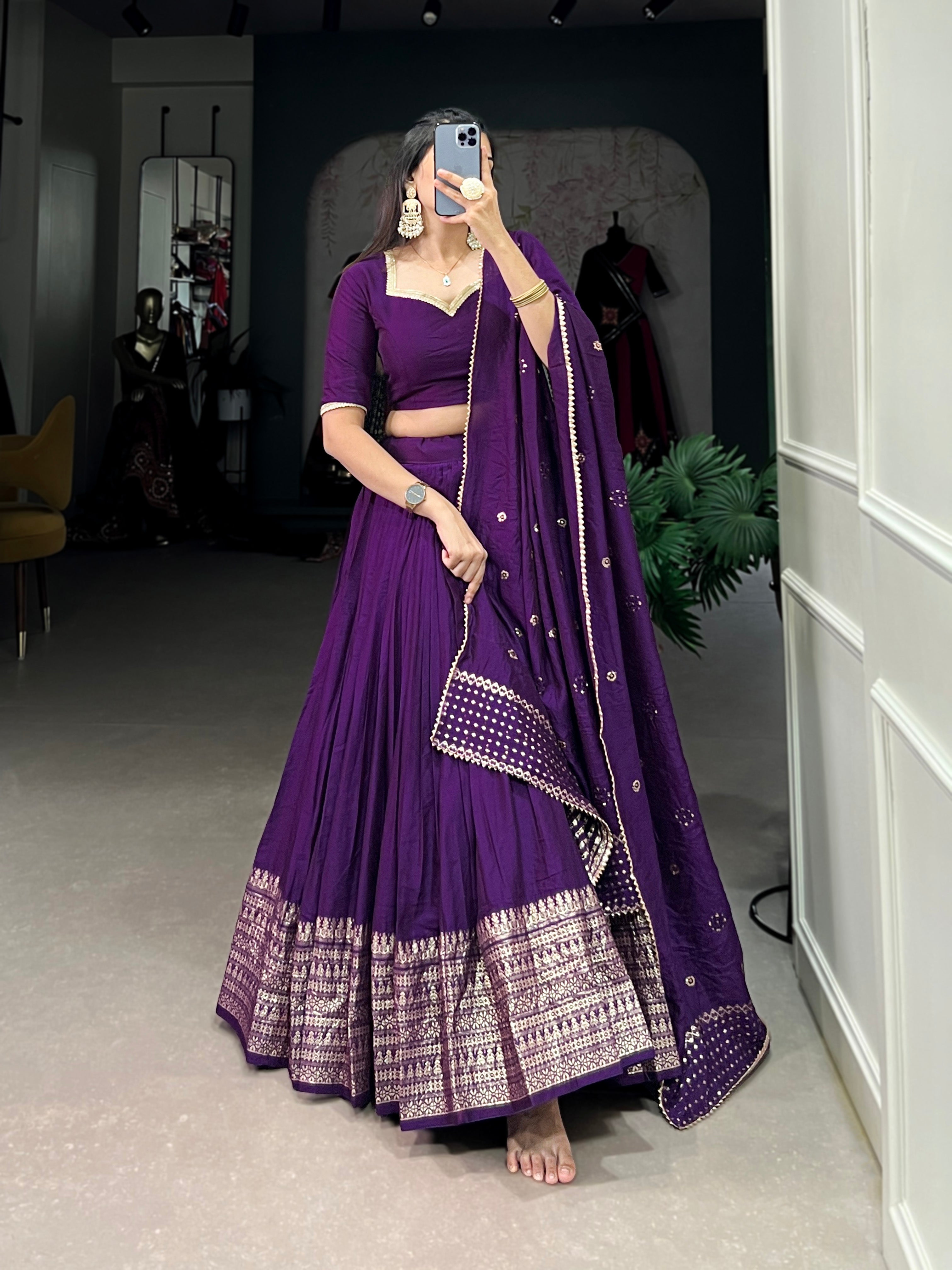 SPECTACULAR DARK PURPLE CHANDERI EVENT WEAR LEHENGA CHOLI