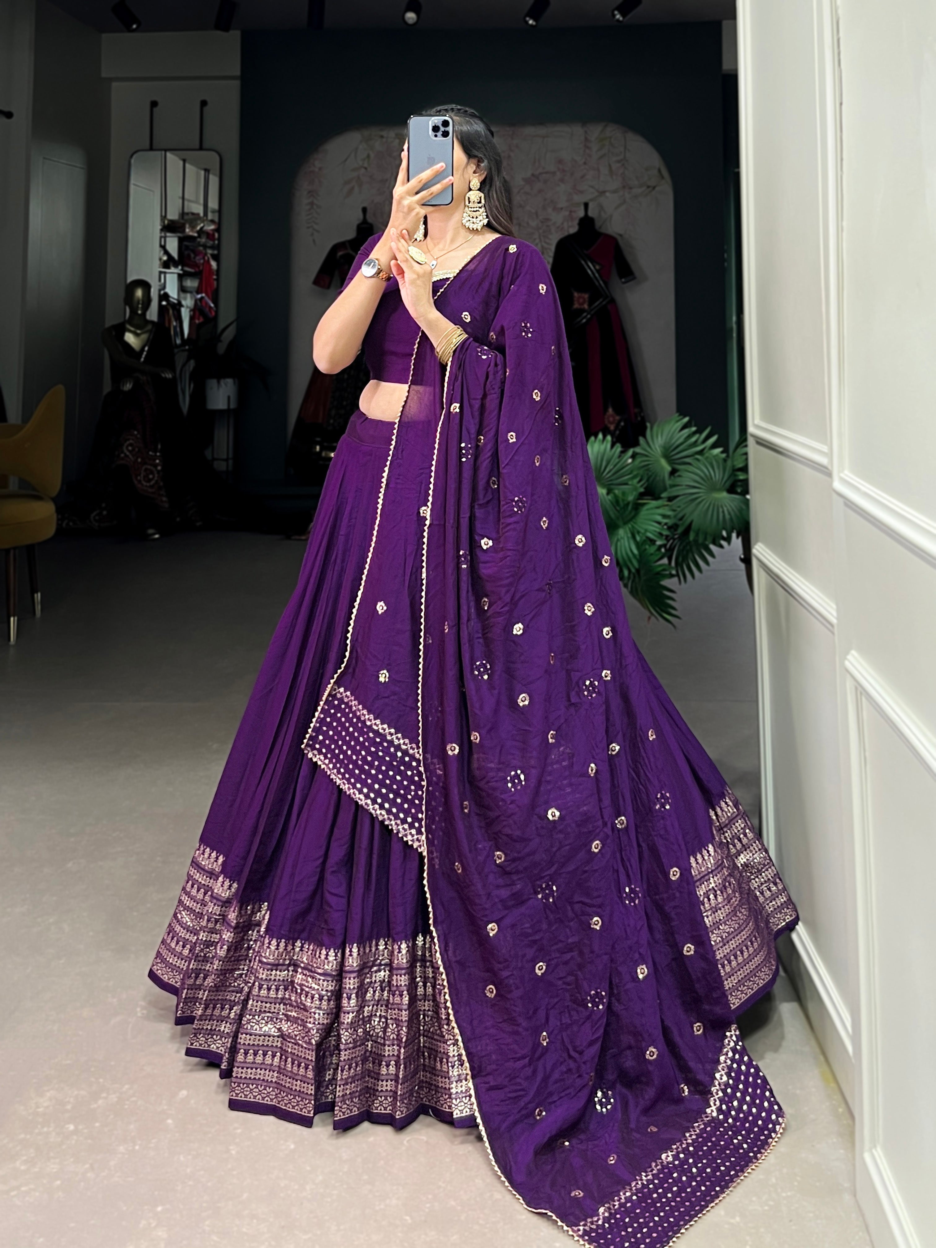 SPECTACULAR DARK PURPLE CHANDERI EVENT WEAR LEHENGA CHOLI