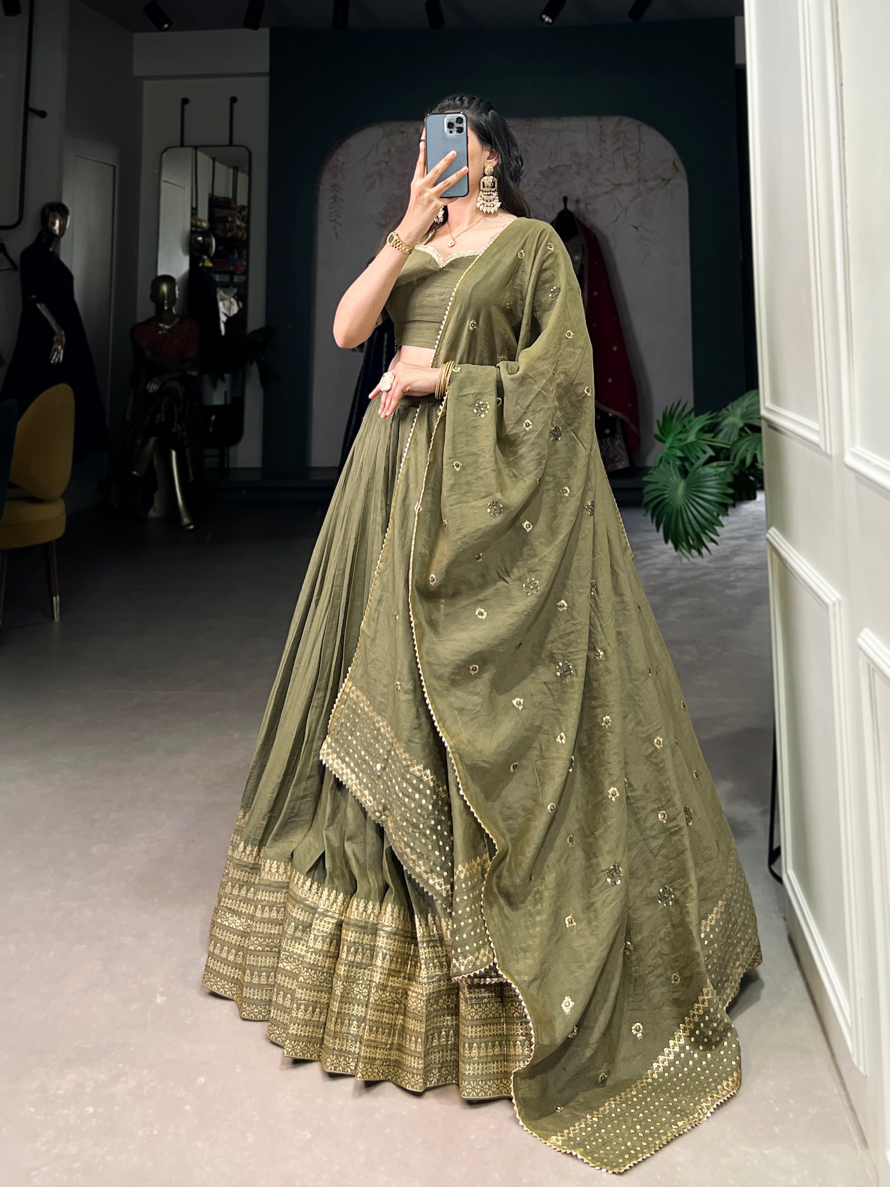 Dazzling Olive Green Chanderi Function Wear Lehenga Choli With Dupatta
