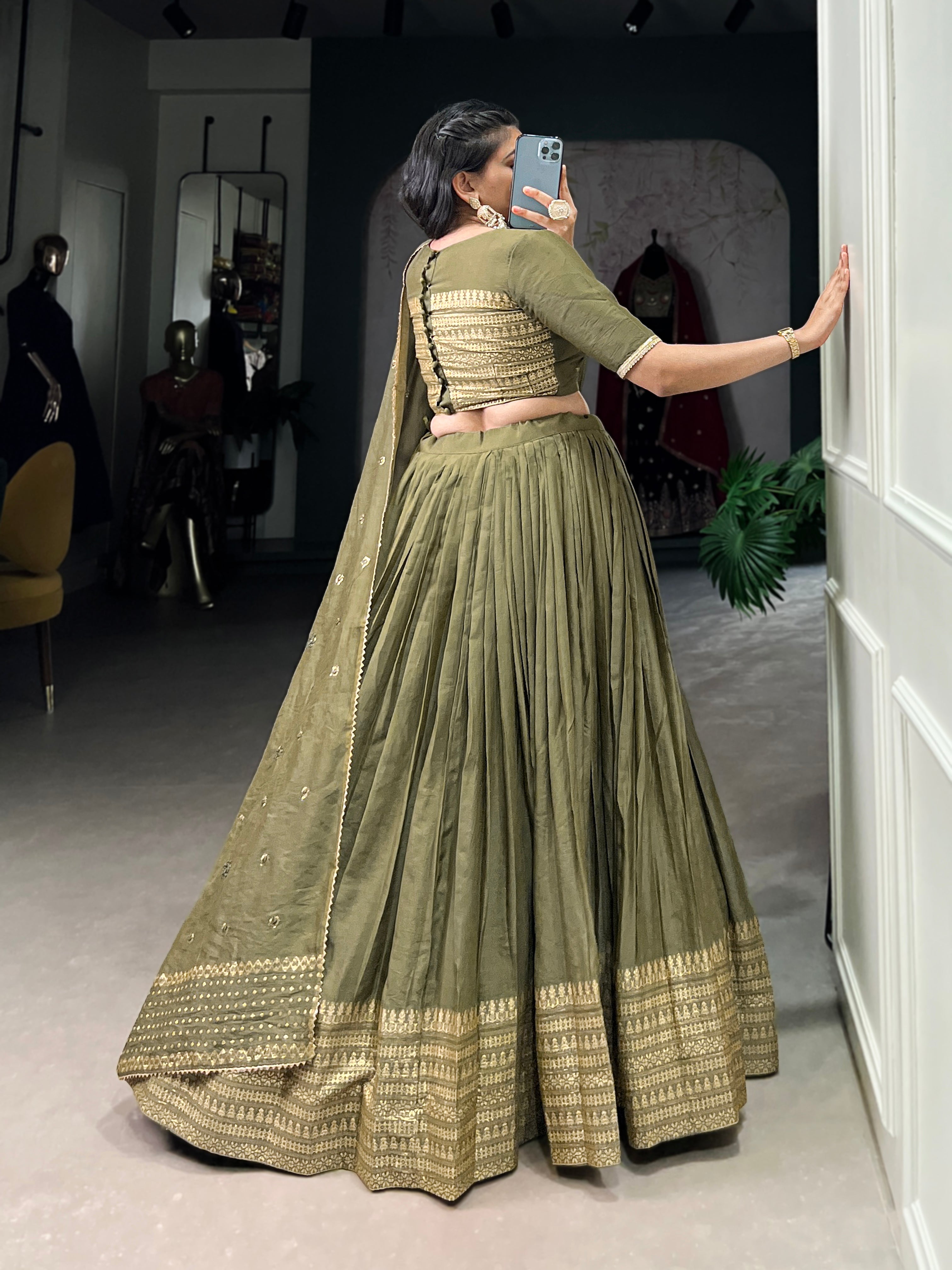 Dazzling Olive Green Chanderi Function Wear Lehenga Choli With Dupatta