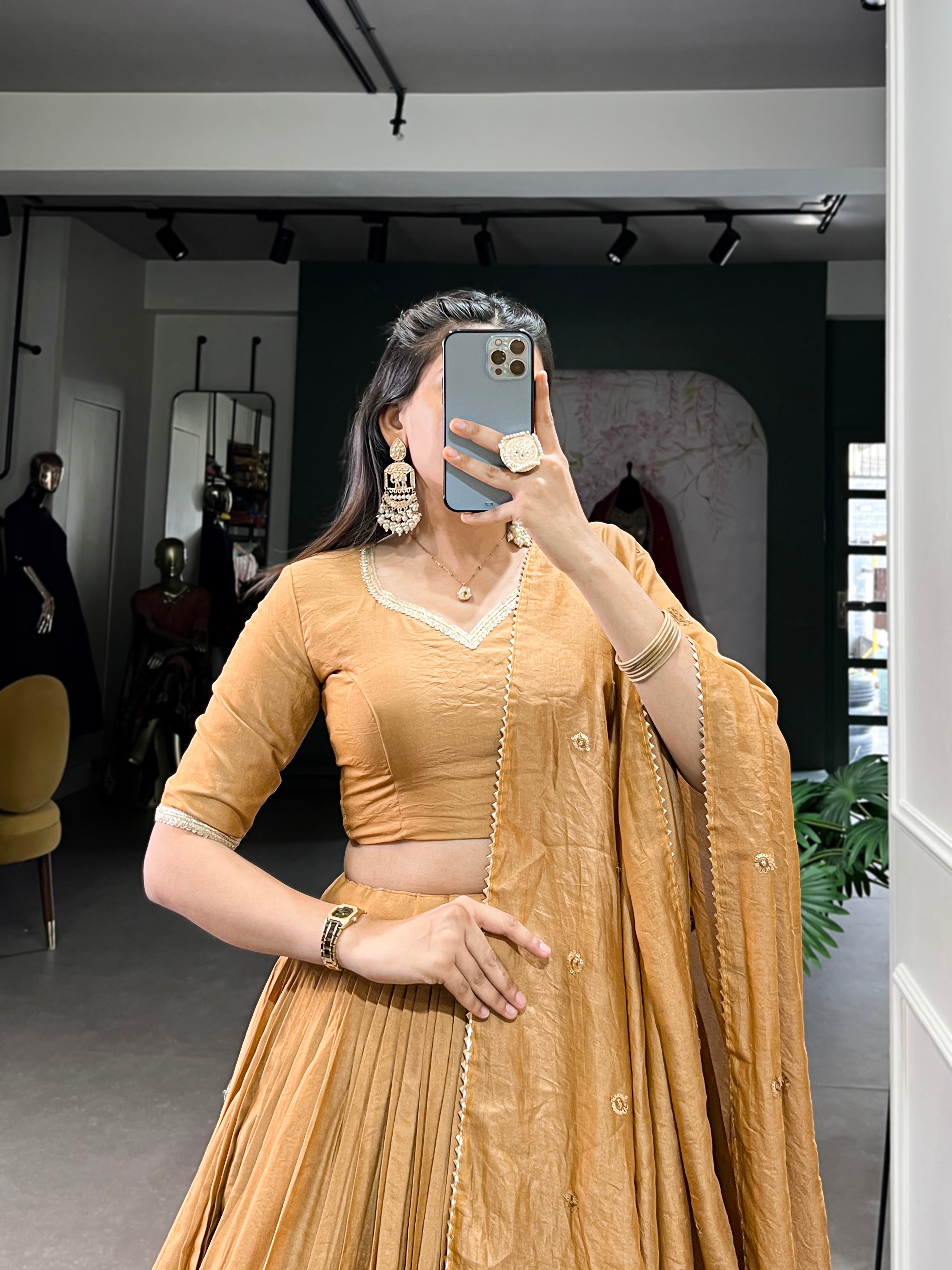 STUNNING MUSTARD YELLOW CHANDERI LEHENGA CHOLI WITH DUPATTA