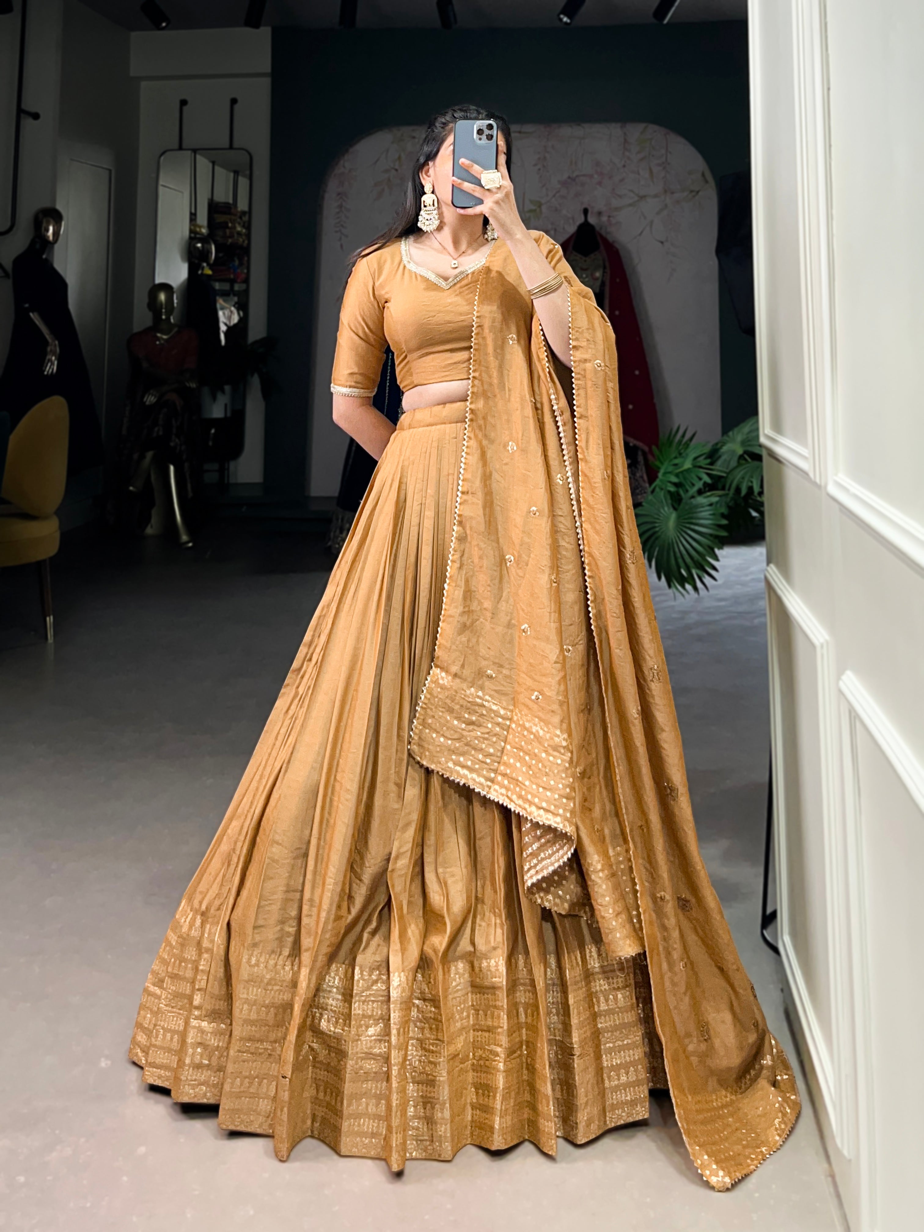 STUNNING MUSTARD YELLOW CHANDERI LEHENGA CHOLI WITH DUPATTA