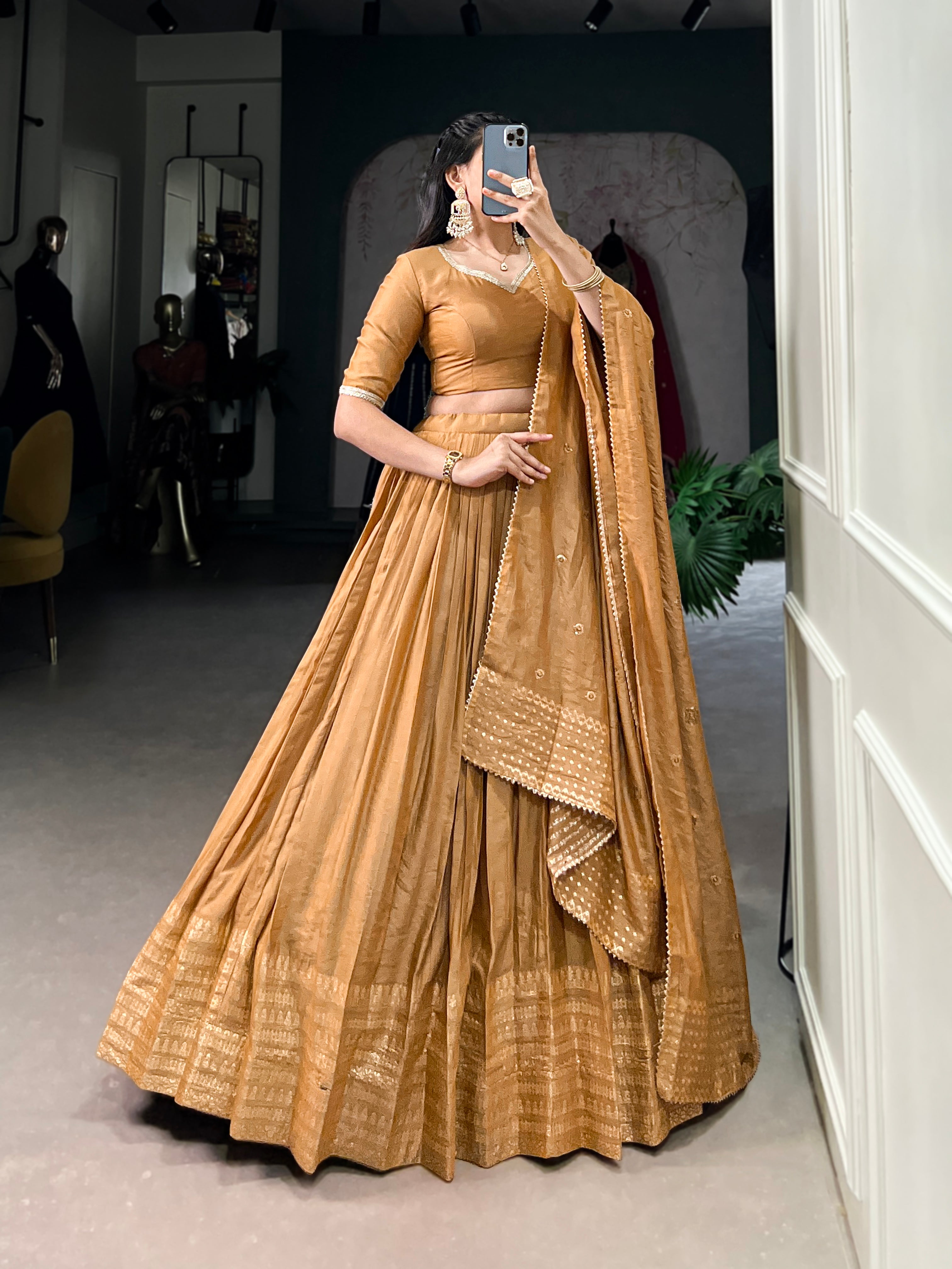 STUNNING MUSTARD YELLOW CHANDERI LEHENGA CHOLI WITH DUPATTA